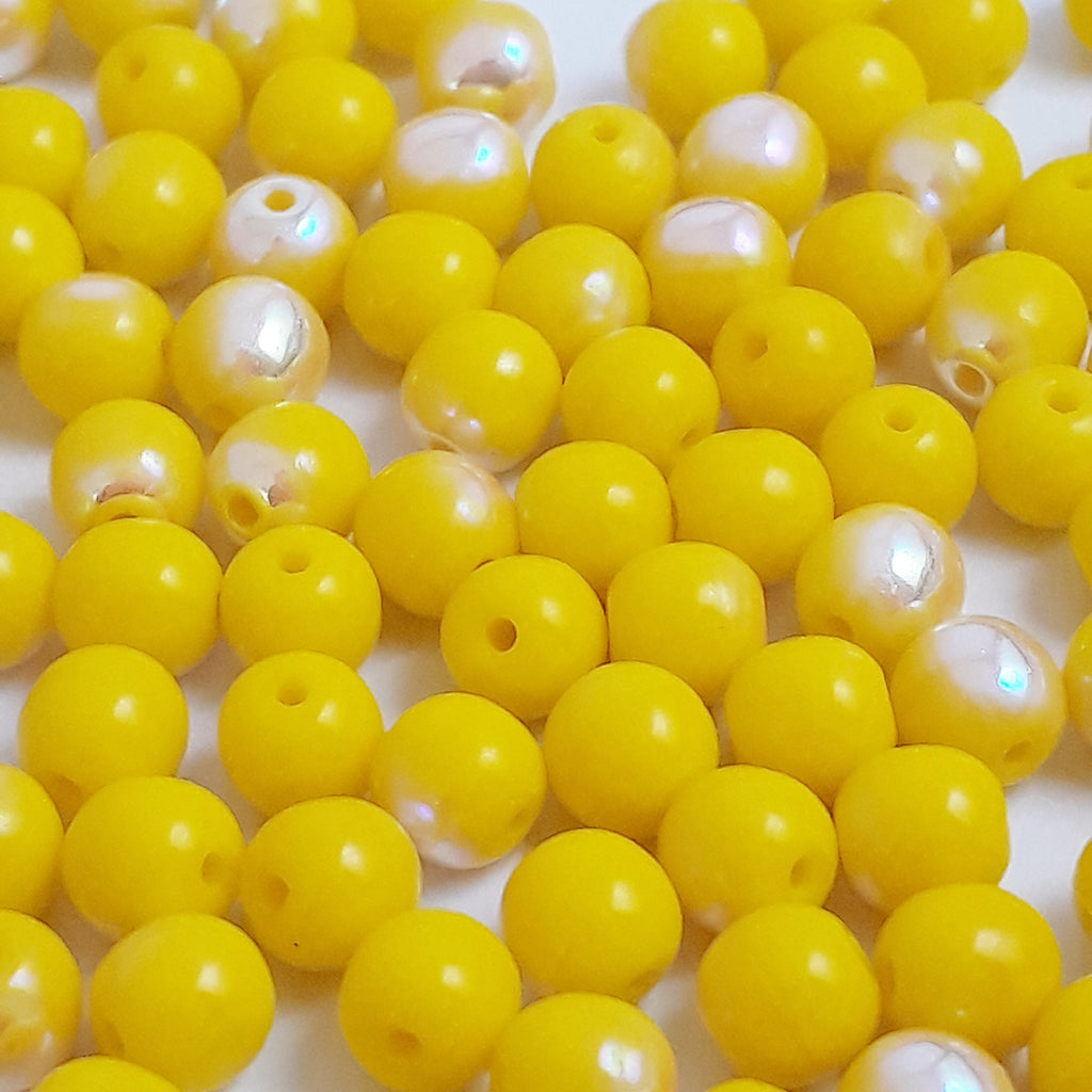 Yellow & Metallic White Czech Glass Round 4mm - 60pcs