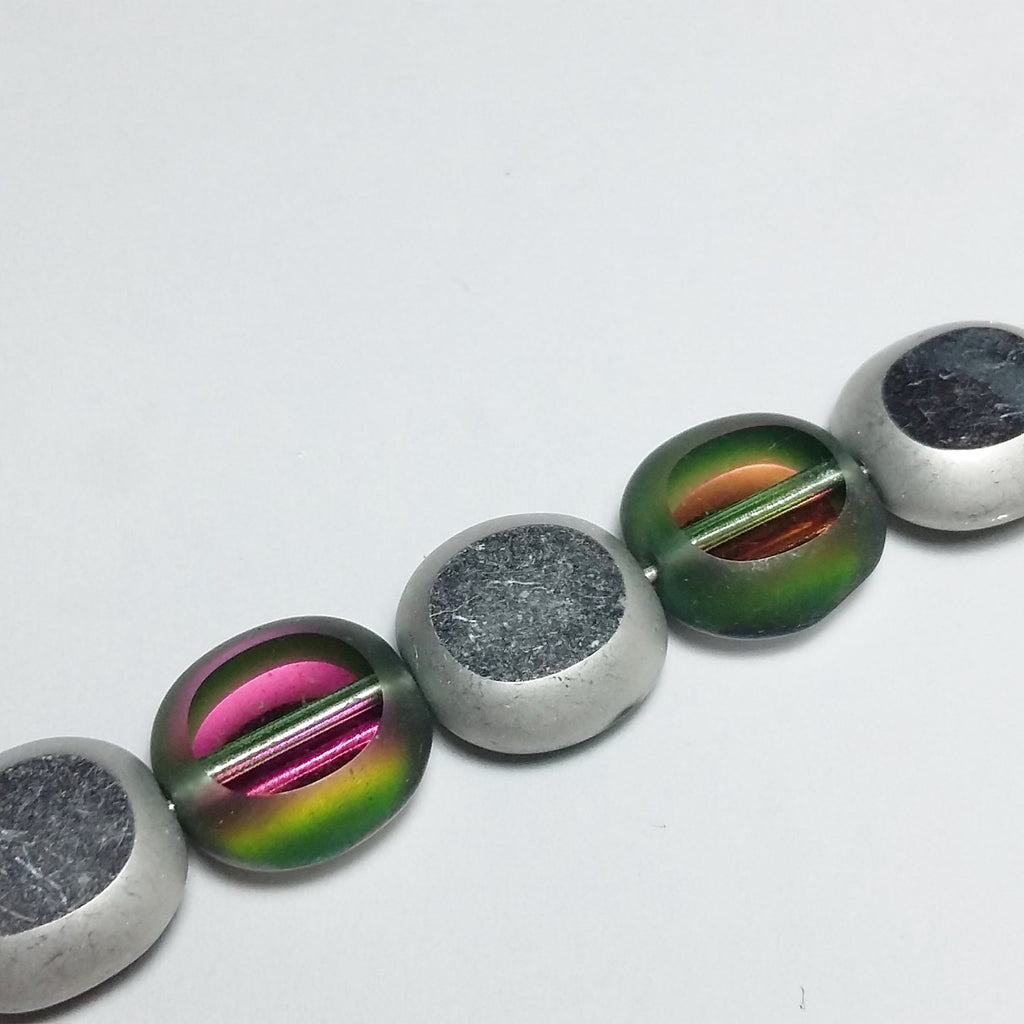 2-Sided Green & Pink/Silver Czech Glass Cushion 10x9mm - 10pcs