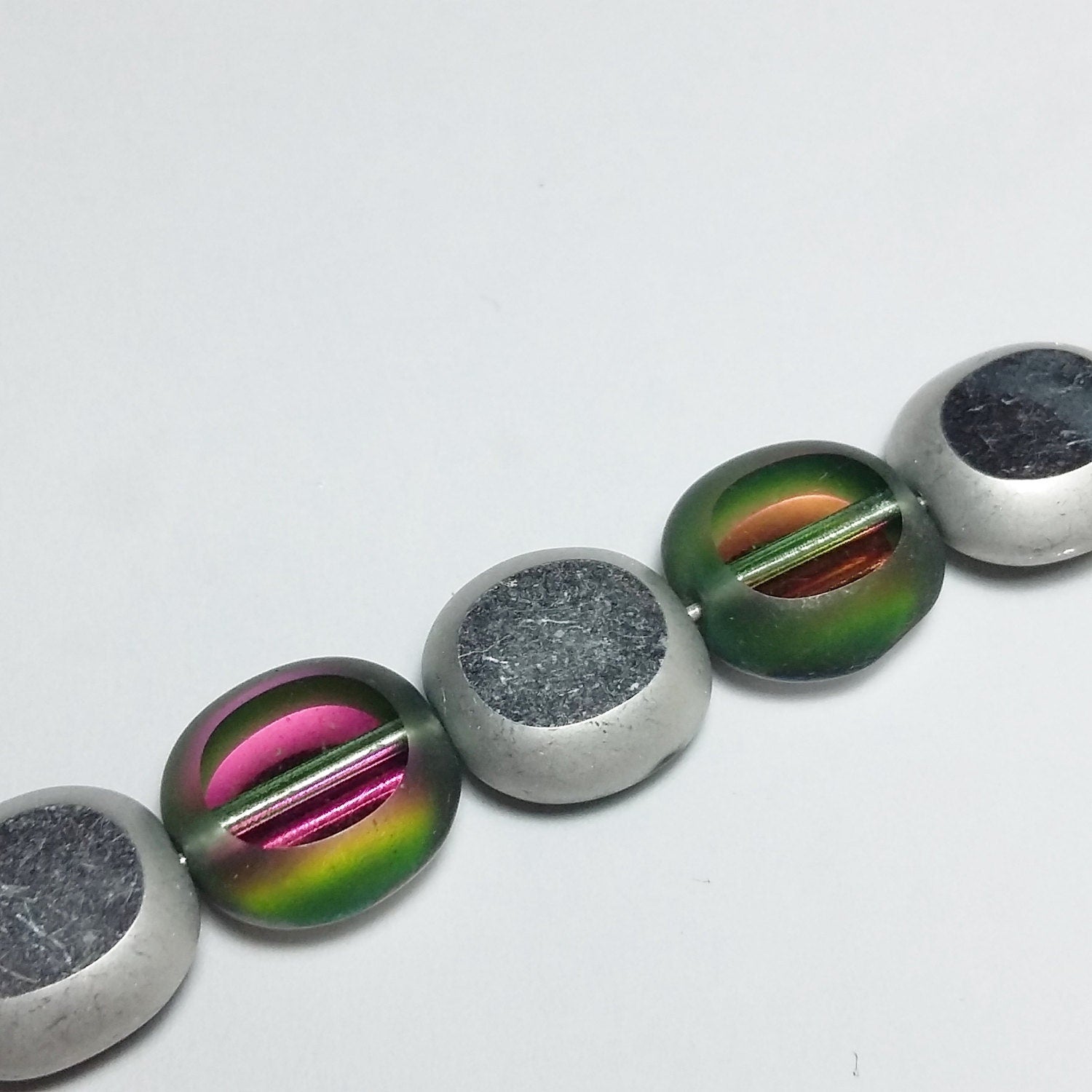 2-Sided Green & Pink/Silver Czech Glass Cushion 10x9mm - 10pcs