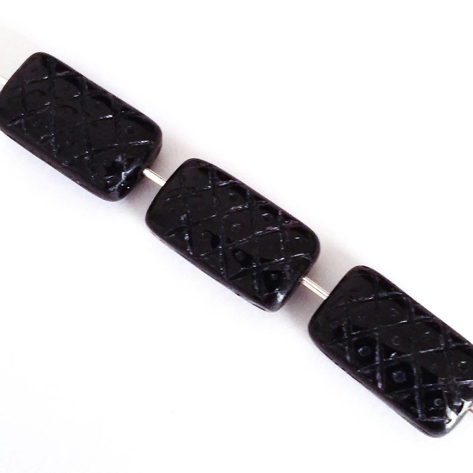 Black Carved Rectangle Czech Glass 13x7mm - 10pcs