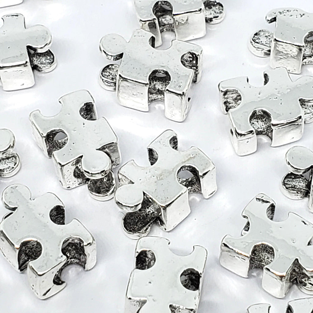 Jigsaw Puzzle Piece Big Hole Antique Silver 13x8mm - 6pcs