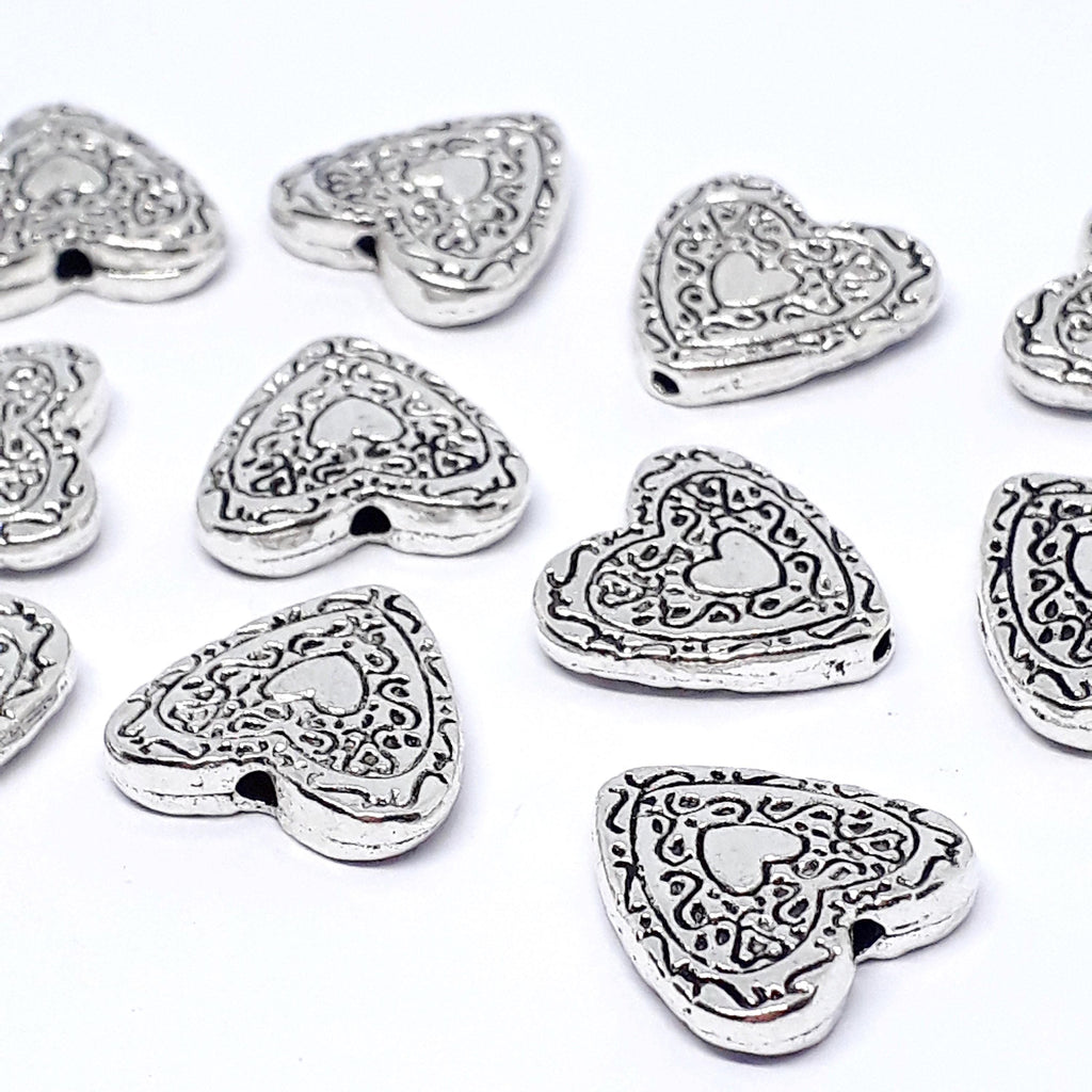 Carved Heart Antique Silver 14x13mm - 10pcs