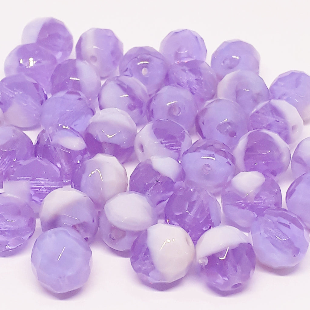 Purple & Off-White Faceted Round Czech Glass 10x9mm - 6pcs