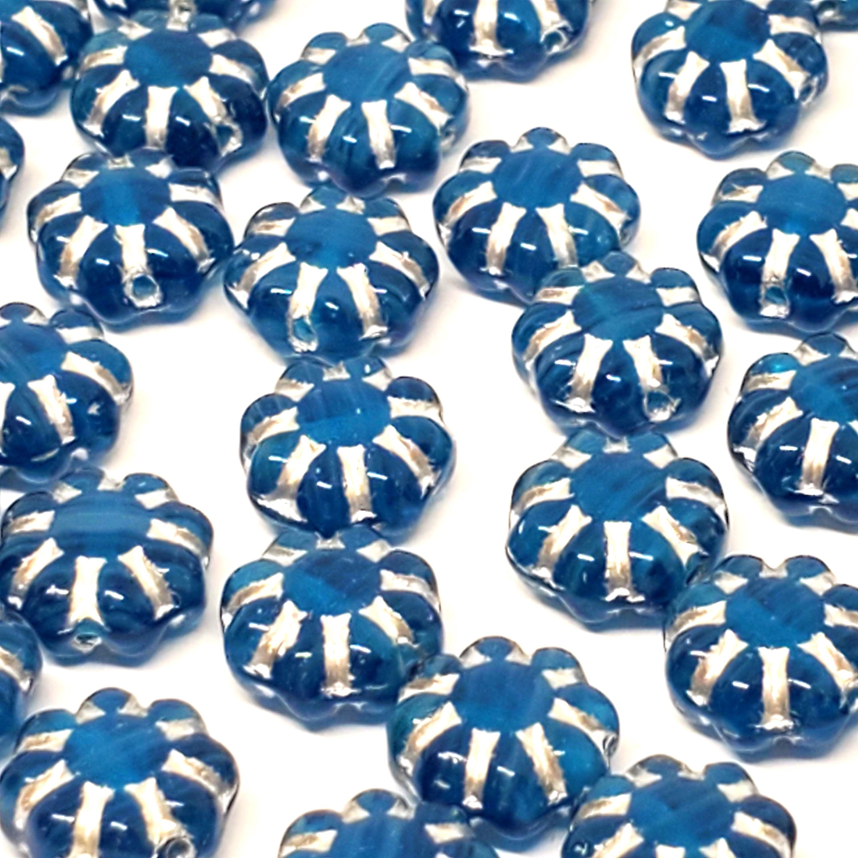 Blue & Silver Lined Czech Glass Hawaiian Flower 9mm - 10pcs