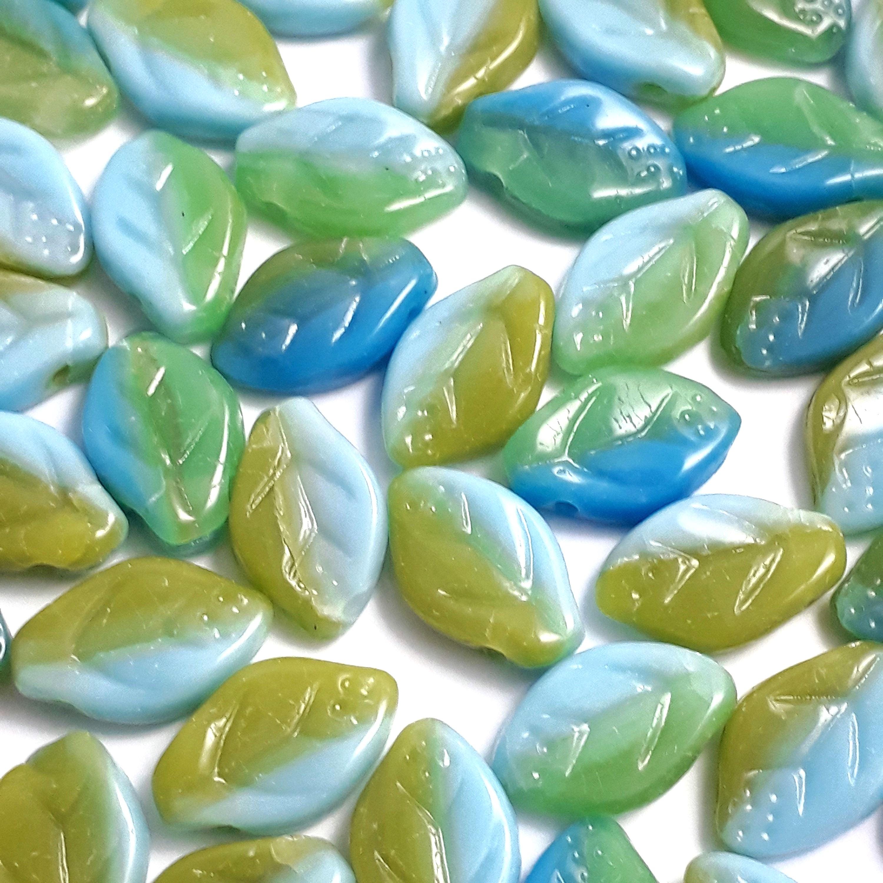 Blue & Green Czech Glass Leaf 12x7mm - 20pcs