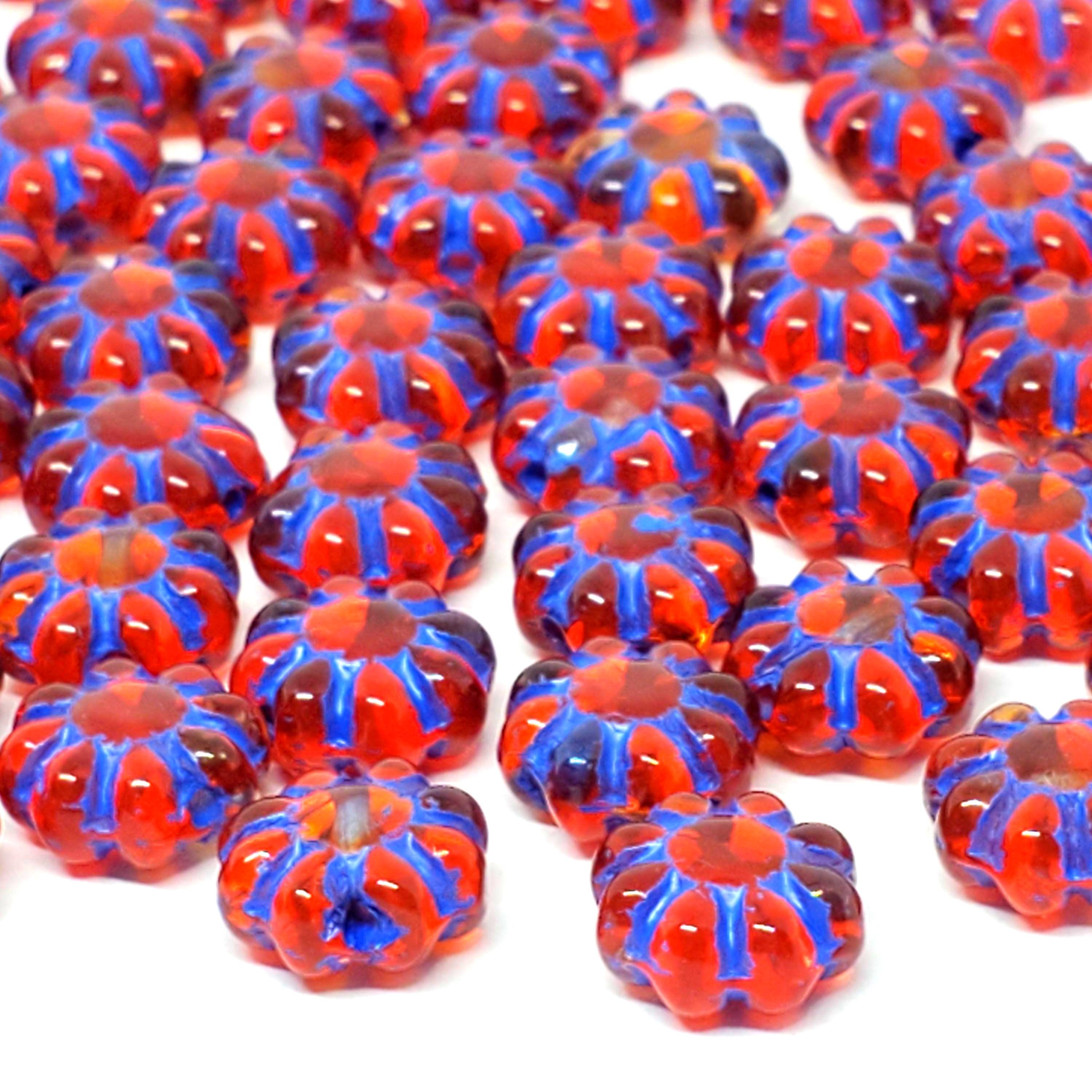 Red & Blue Lined Czech Glass Hawaiian Flower 9mm - 10pcs