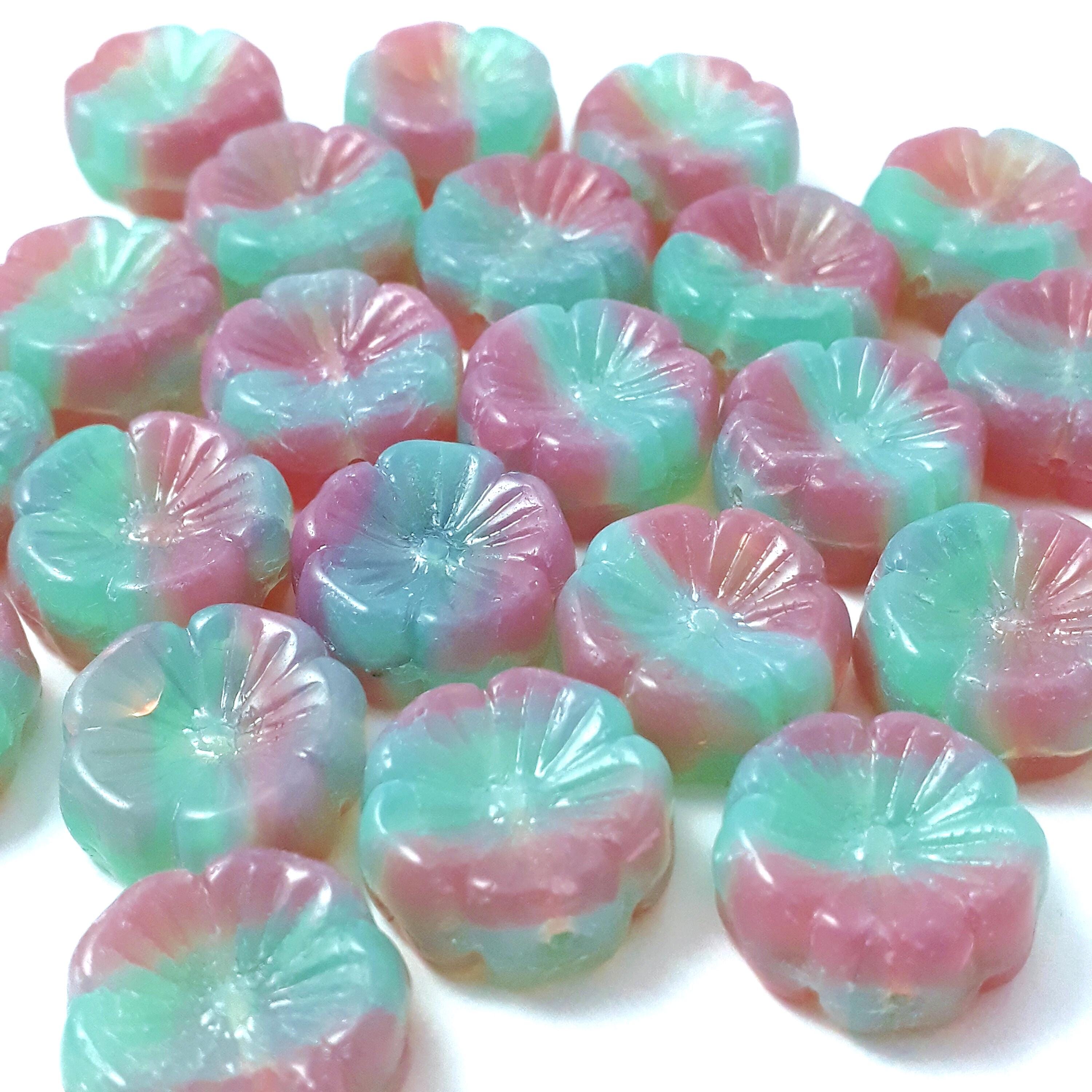 Turquoise & Pink Hawaiian Flower Czech Glass 14mm - 6pcs