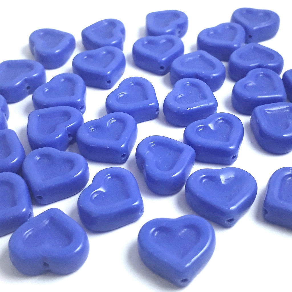 Blue Chunky Heart Czech Glass 14x12mm - 6pcs