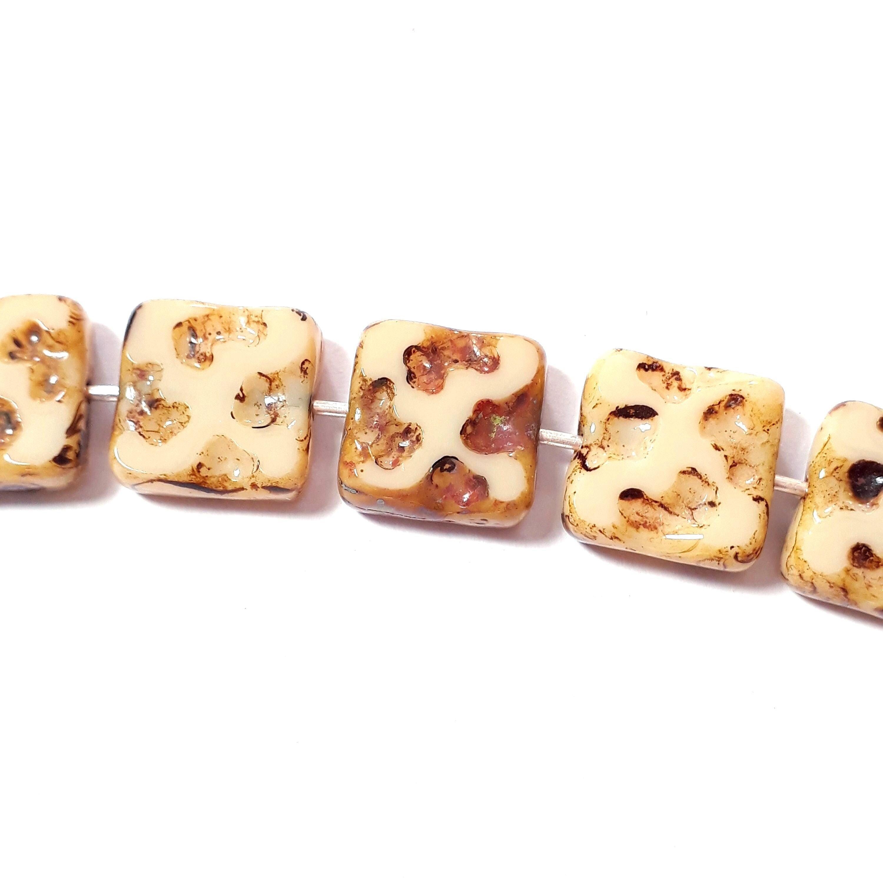 Flat Square Cream & Brown Table Cut Czech Glass 10mm - 6pcs