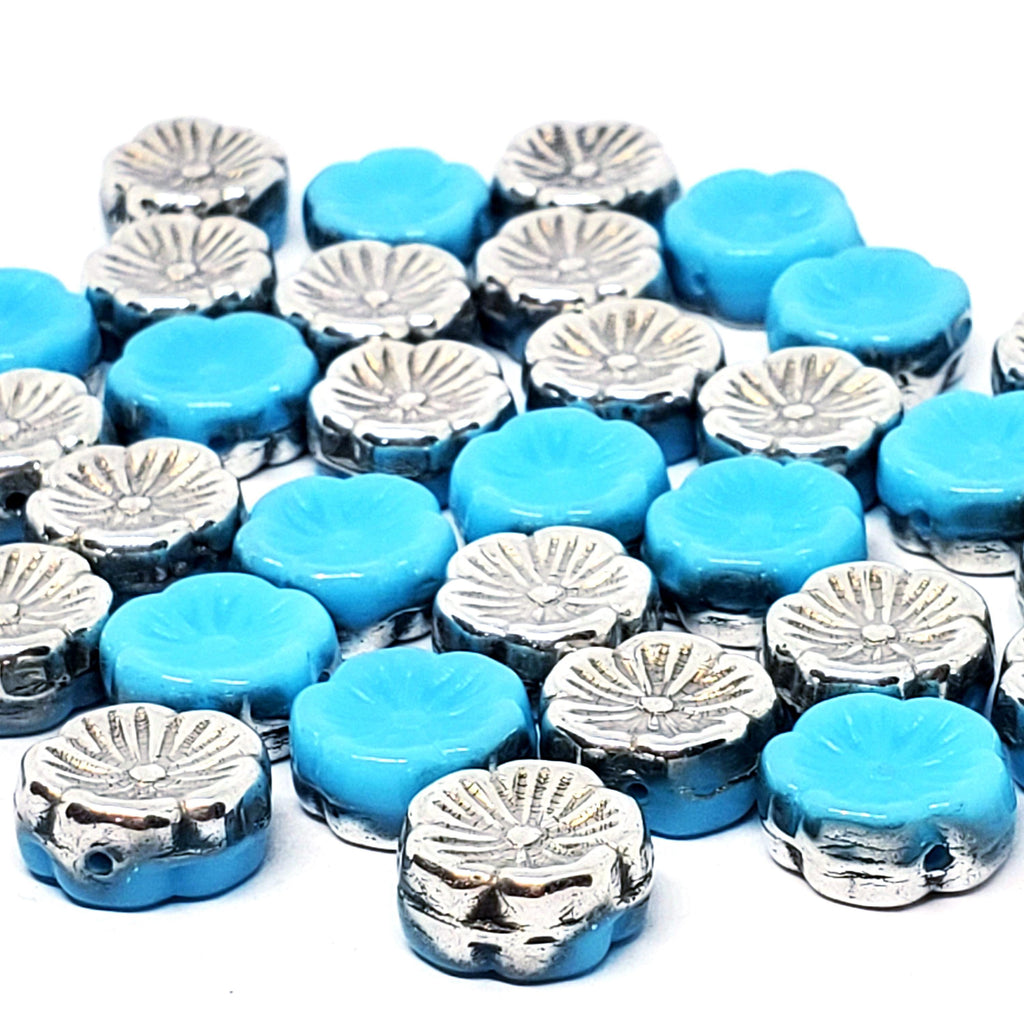 Blue & Silver Pressed Glass Hawaiian Flower Czech Glass 12mm - 6pcs