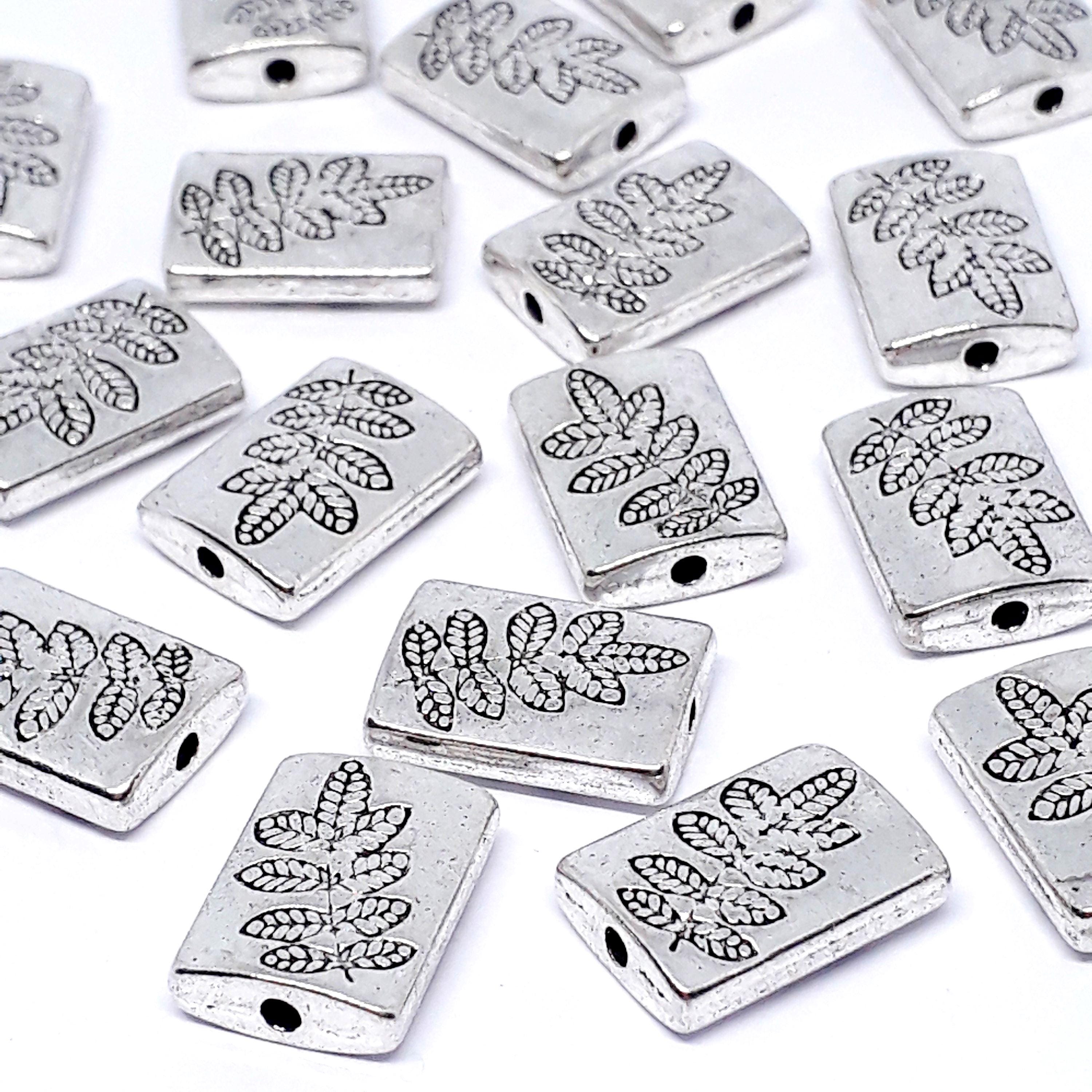 Flat Rectangle Silver Fern Leaf 13x9mm - 10pcs