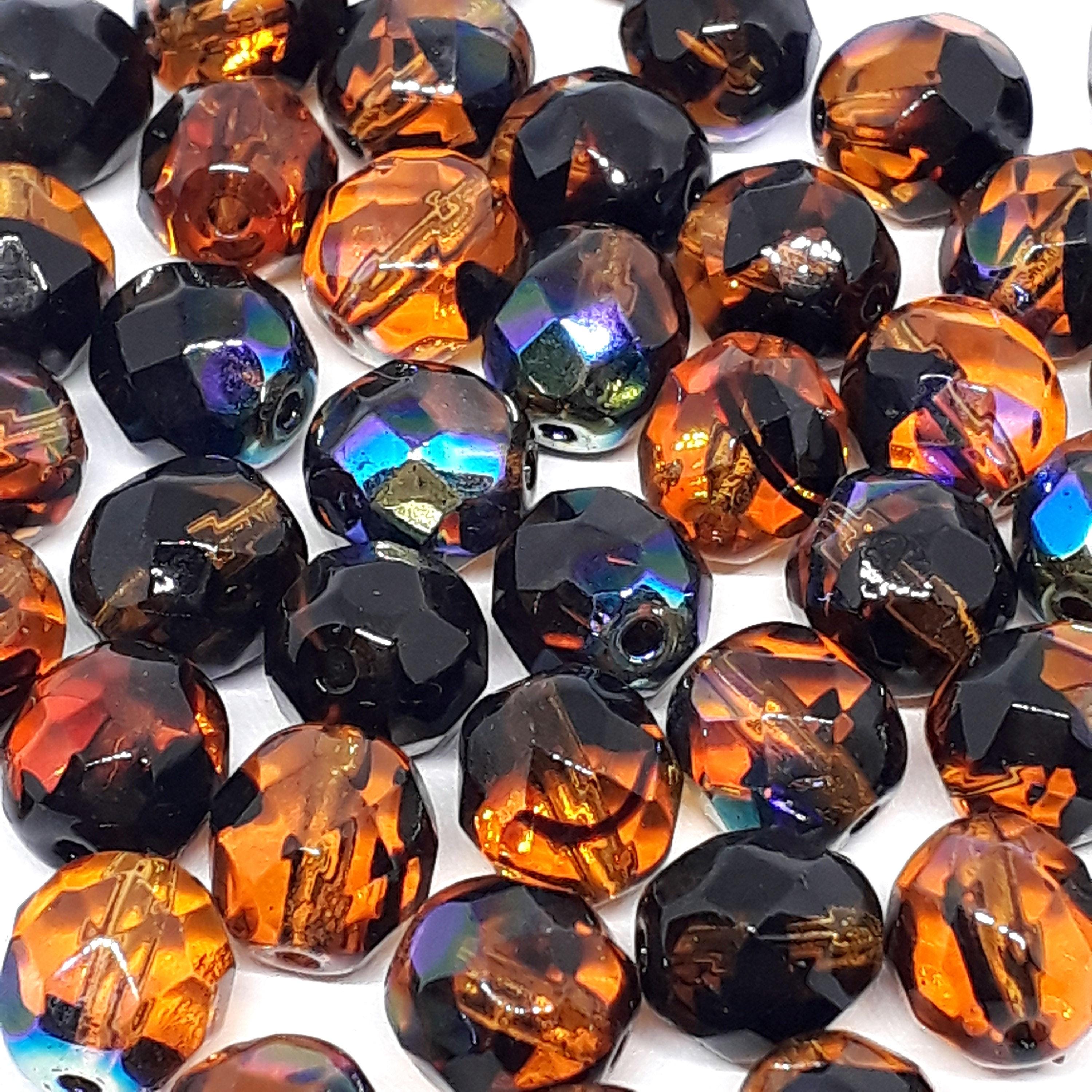 Orange & Black Metallic AB Faceted Czech Glass Oval 8x7mm - 10pcs
