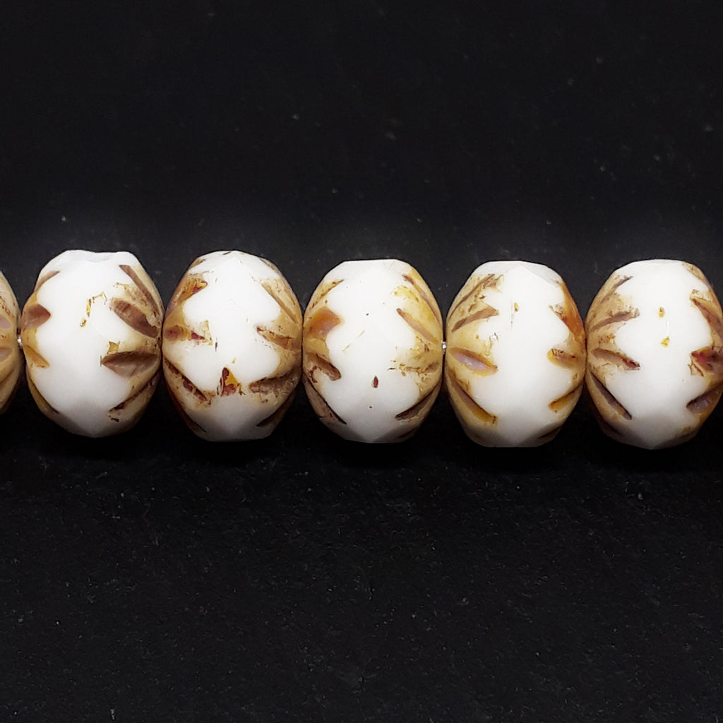 White & Brown Czech Glass Rondelles 10x7mm - 6pcs