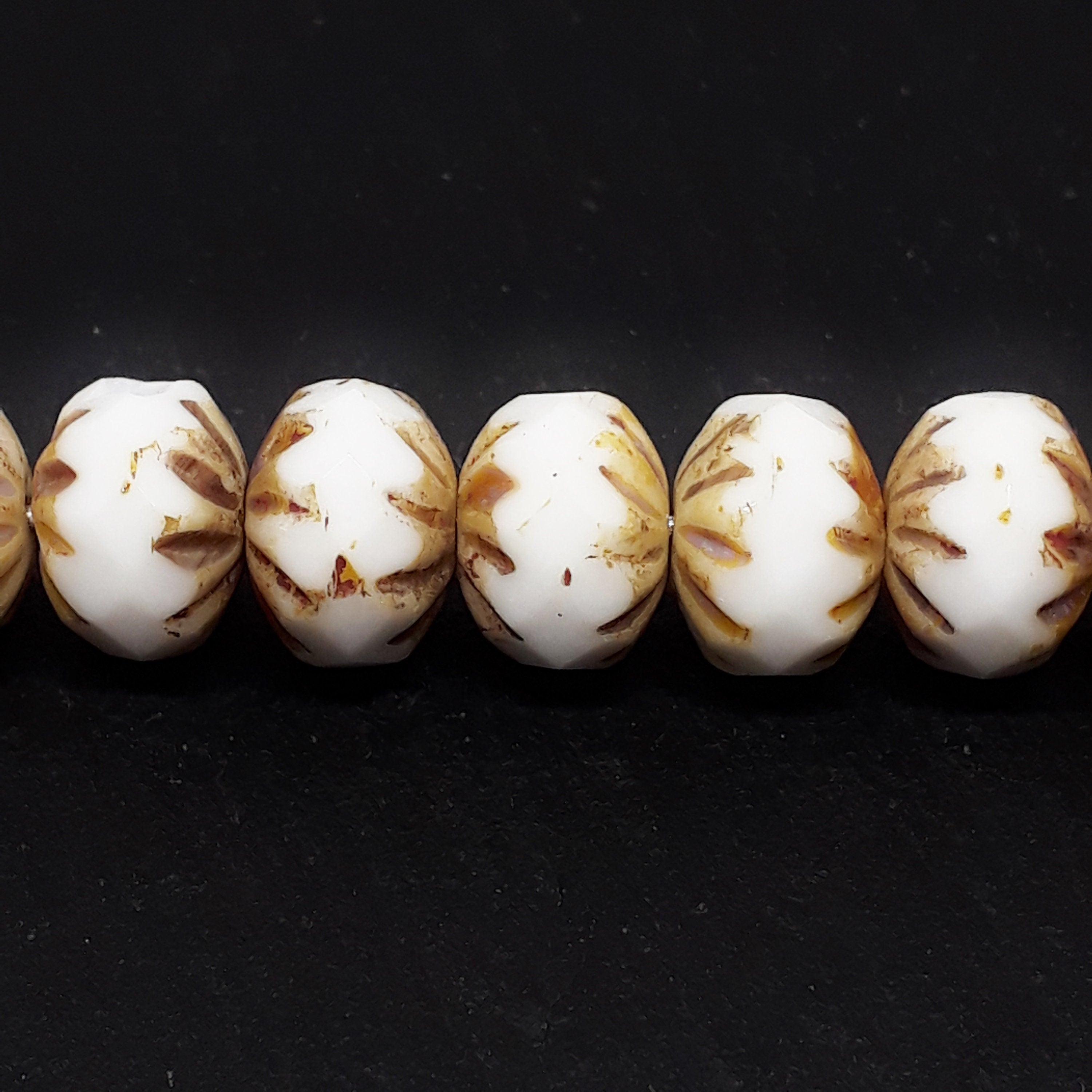 White & Brown Czech Glass Rondelles 10x7mm - 6pcs