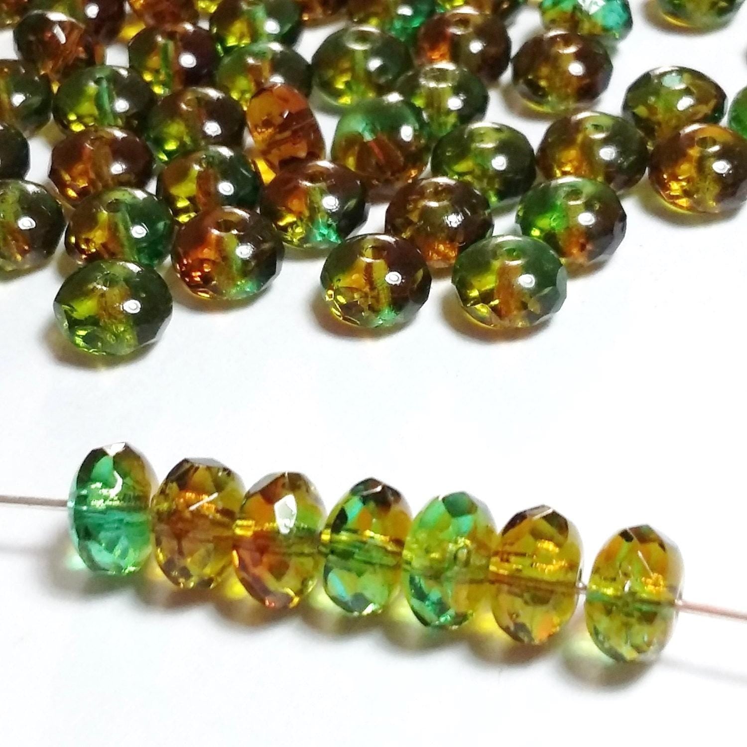 Green & Brown Czech Glass Rondelle 7x4mm - 20pcs