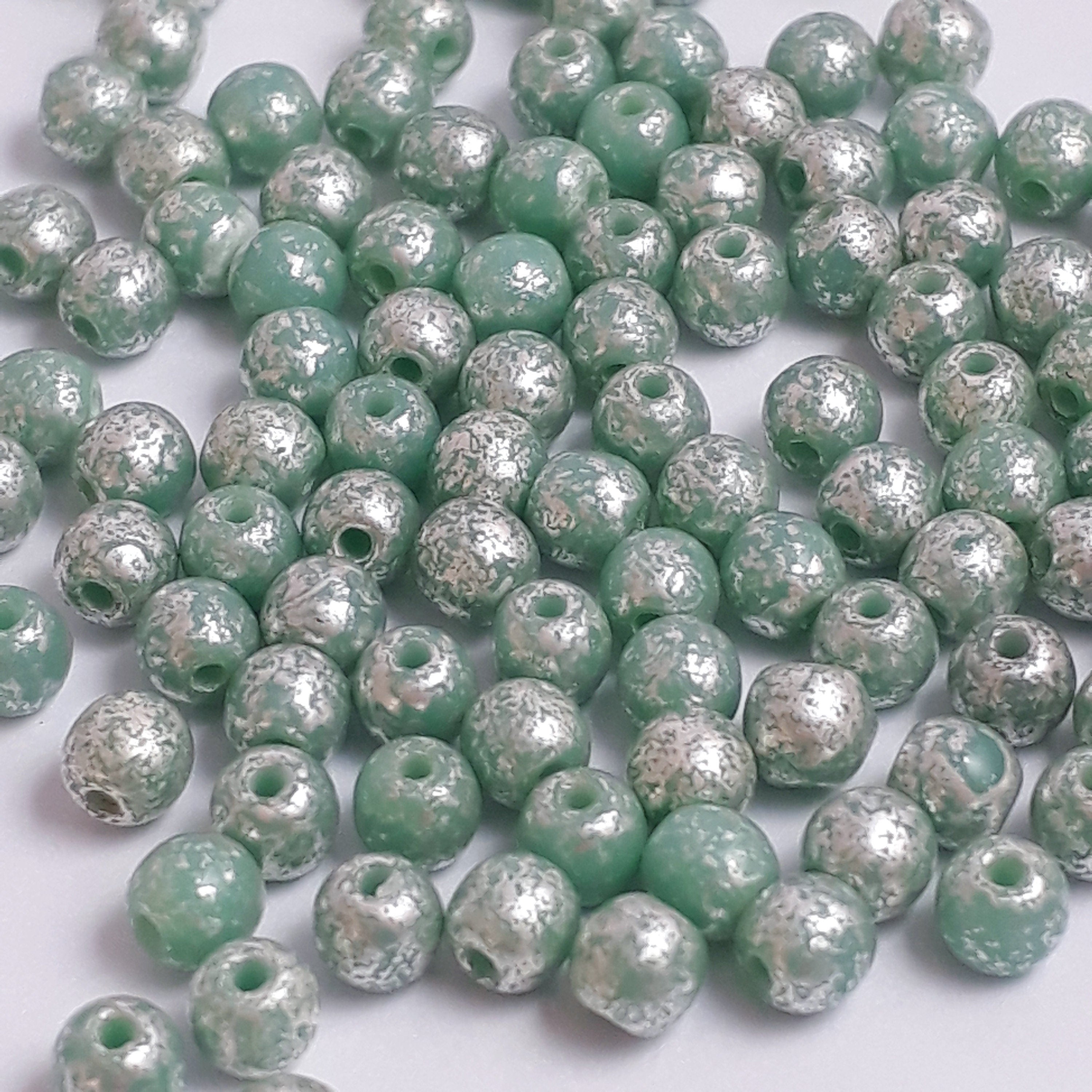 Green & Silver Mottled Czech Glass Round 3mm - 120pcs