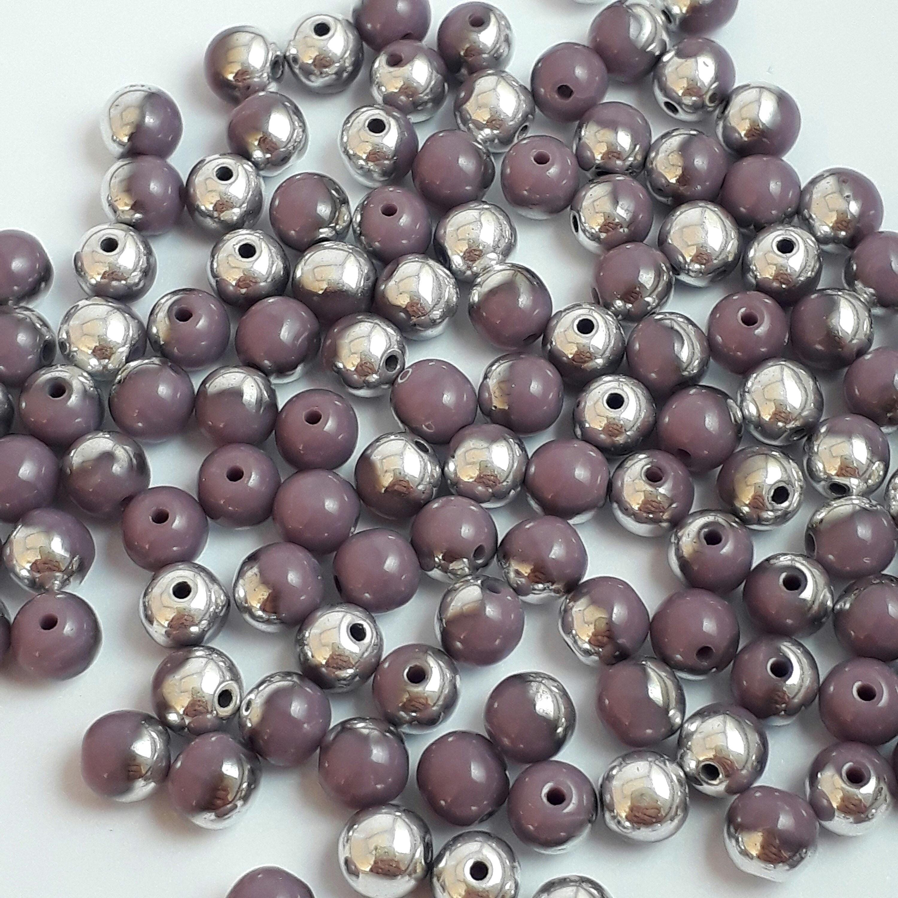 Purple & Silver Czech Glass Round 4mm - 60pcs