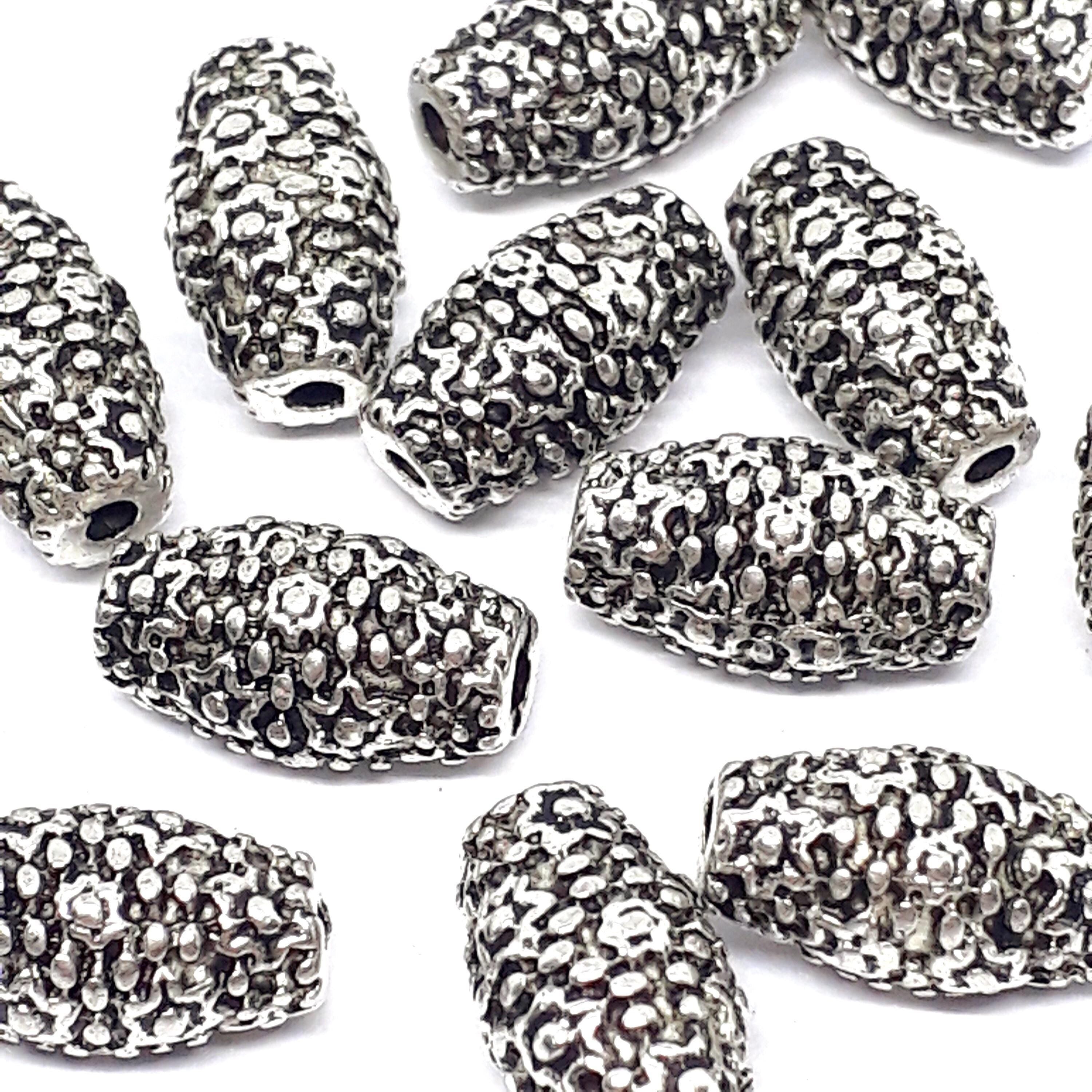 Dotted Flower Oval Tube Antique Silver 11x6mm - 6pcs