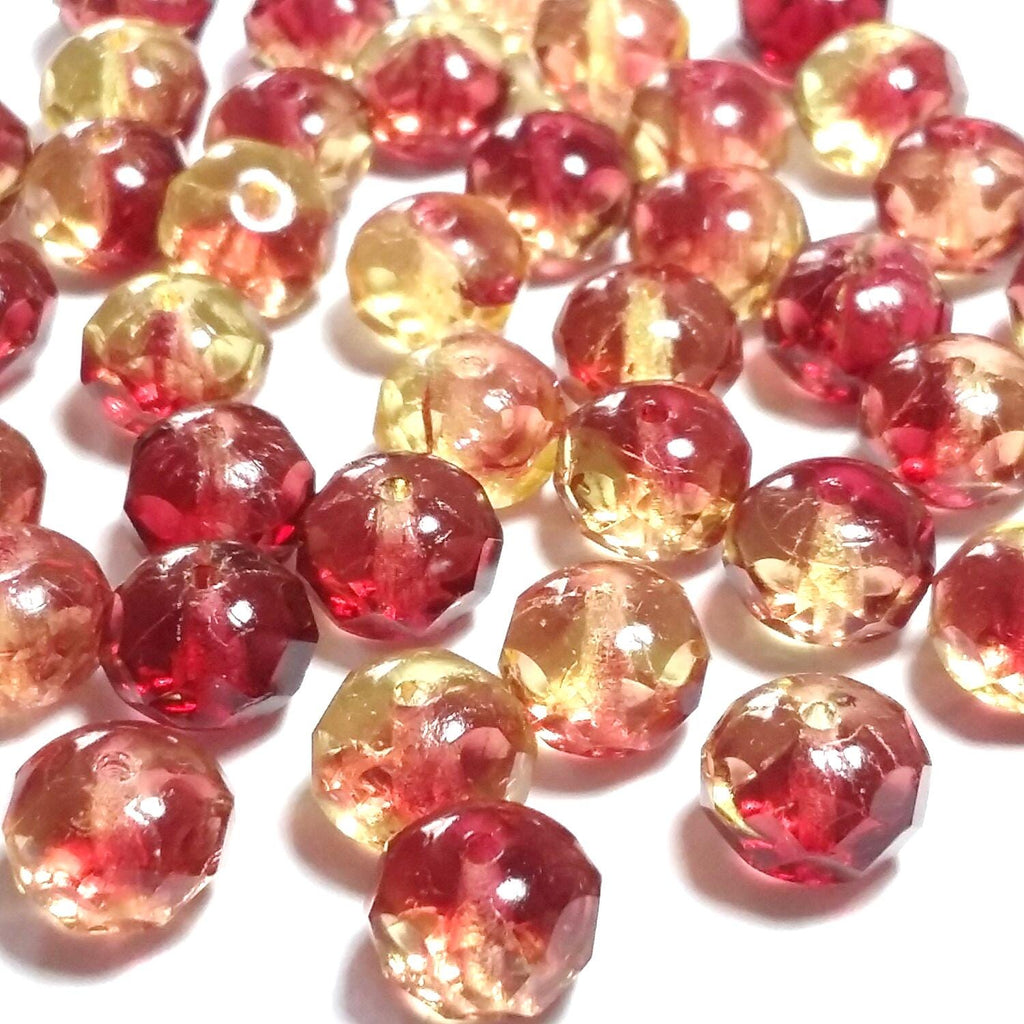 Cherry Red & Yellow Czech Glass Faceted Rondelle 8x6mm - 10pcs