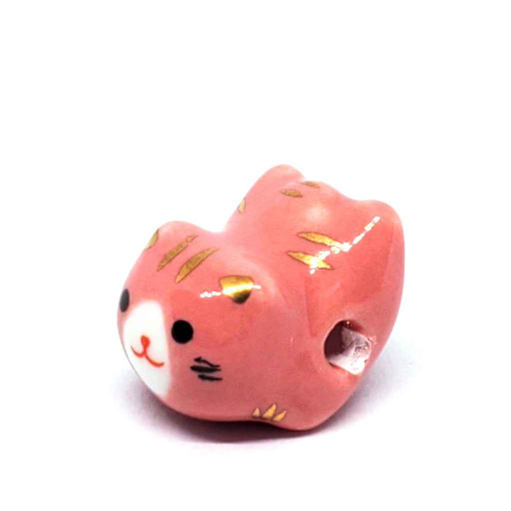 Chinese Cat Ceramic Pink & Gold 16x13mm - 1pc