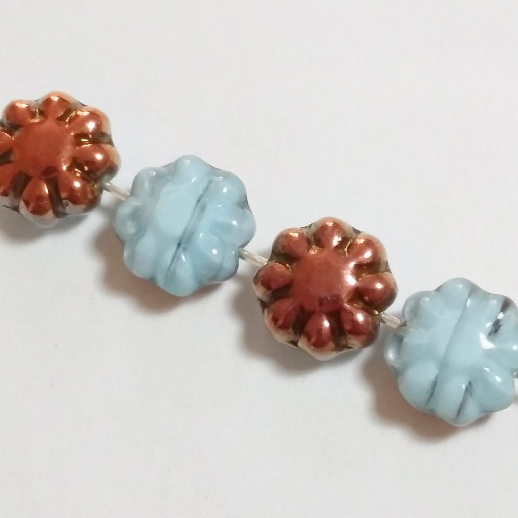 Light Blue & Orange Metallic Czech Glass Flower 9mm - 10pcs