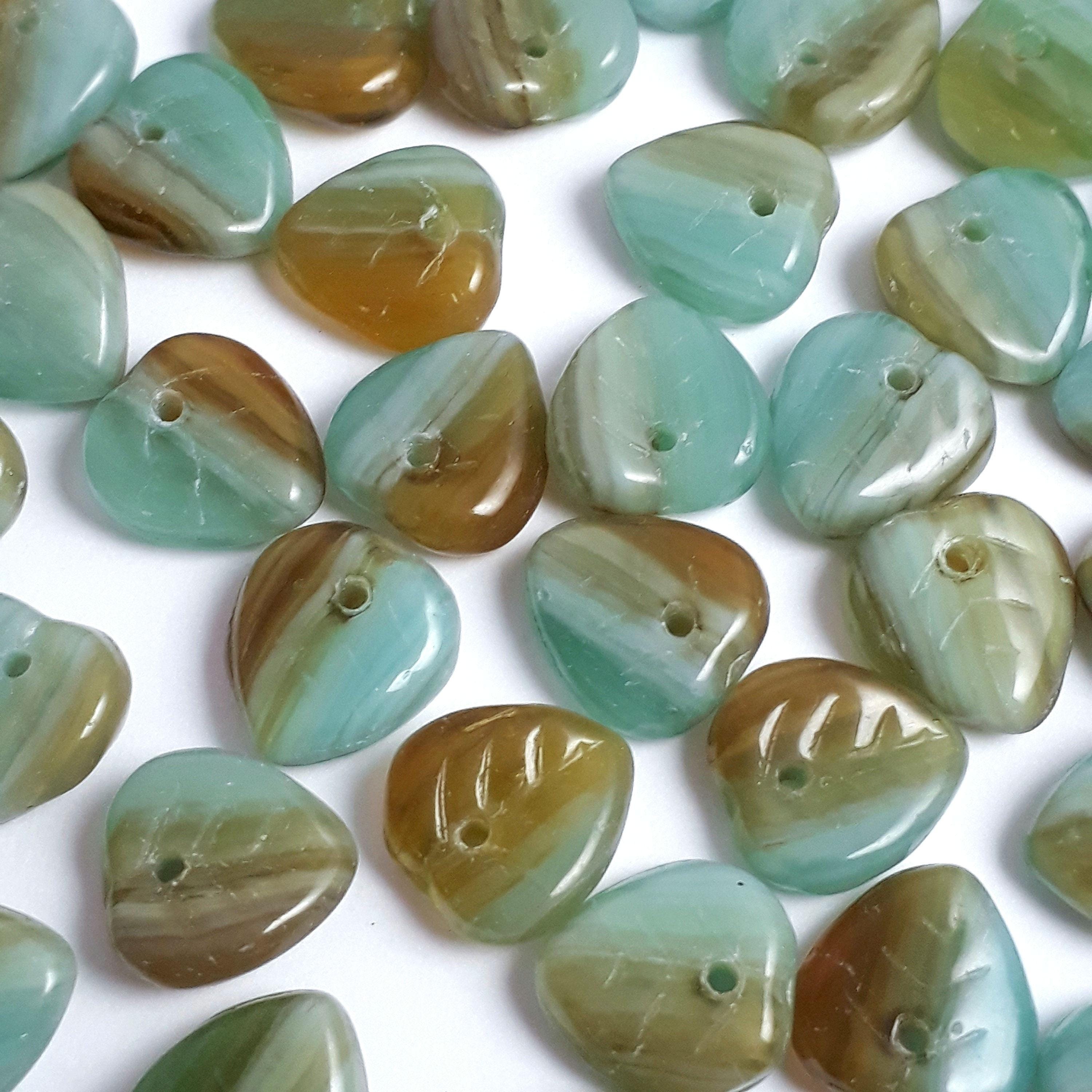 Turquoise & Brown Czech Glass Leaf 9mm - 30pcs