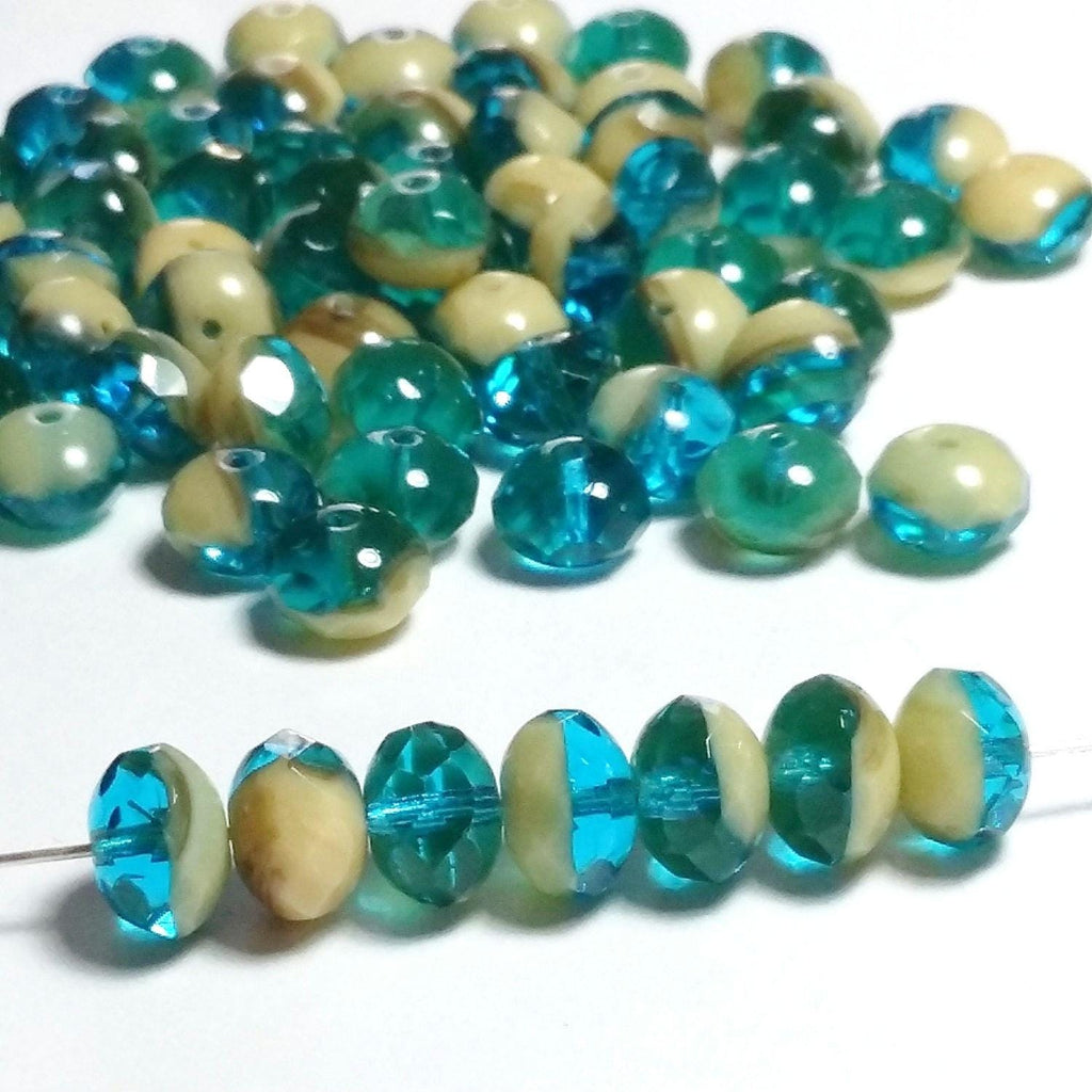 Turquoise & Beige Czech Glass Rondelle 8x6mm - 10pcs
