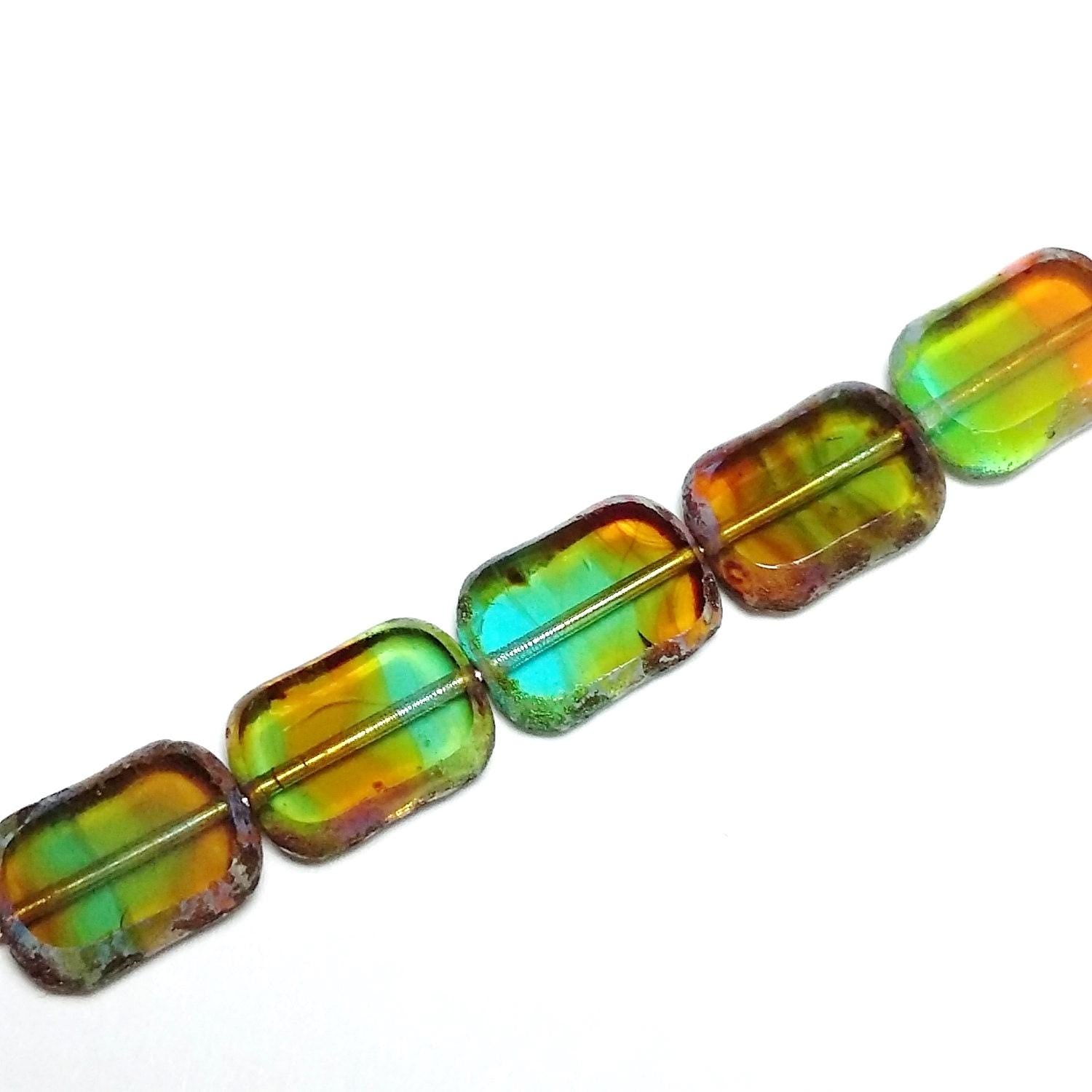 Brown & Green Table Cut Czech Glass Flat Rectangle 12x9mm - 6pcs