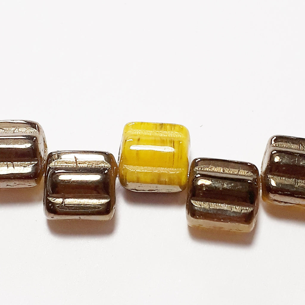 2-Hole Yellow & Bronze Czech Glass Square 6mm - 20pcs