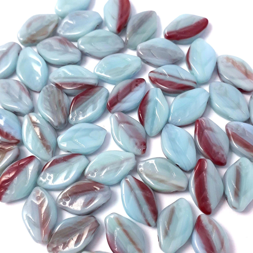 Light Blue & Red Czech Glass Leaf 12x7mm - 20pcs