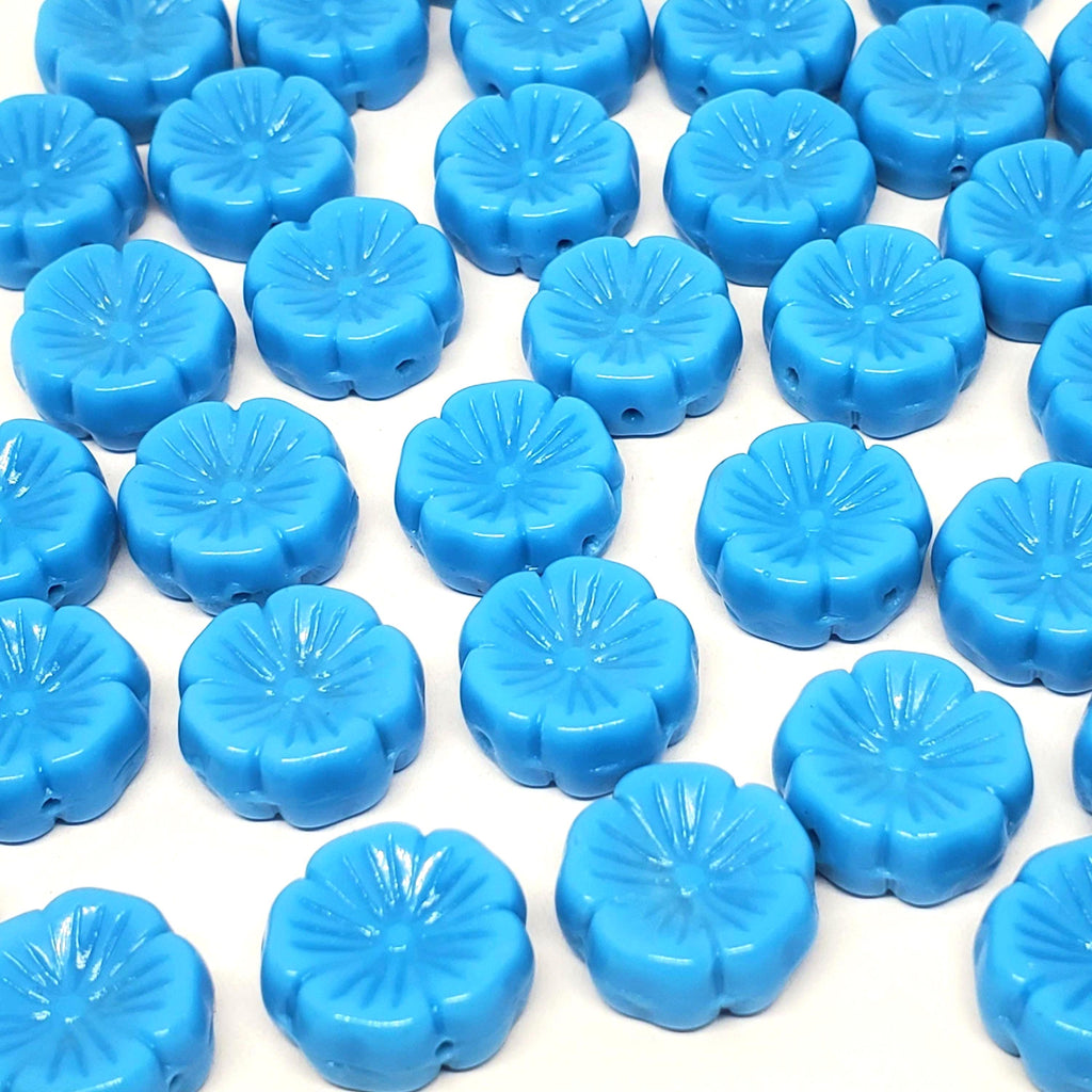 Blue Pressed Glass Hawaiian Flower Czech Glass 14mm - 6pcs