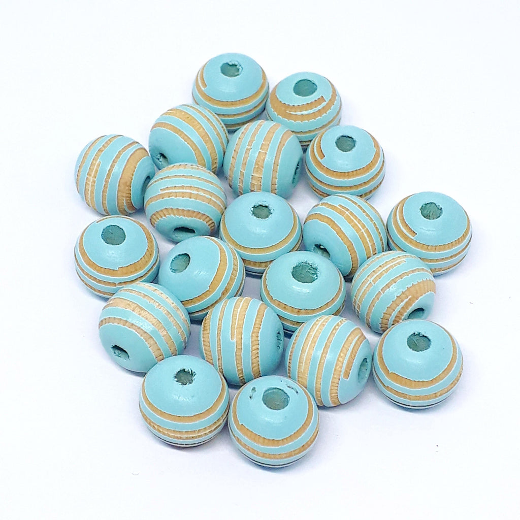 Turquoise Striped Carved Wood Round 10x9mm - 5pcs