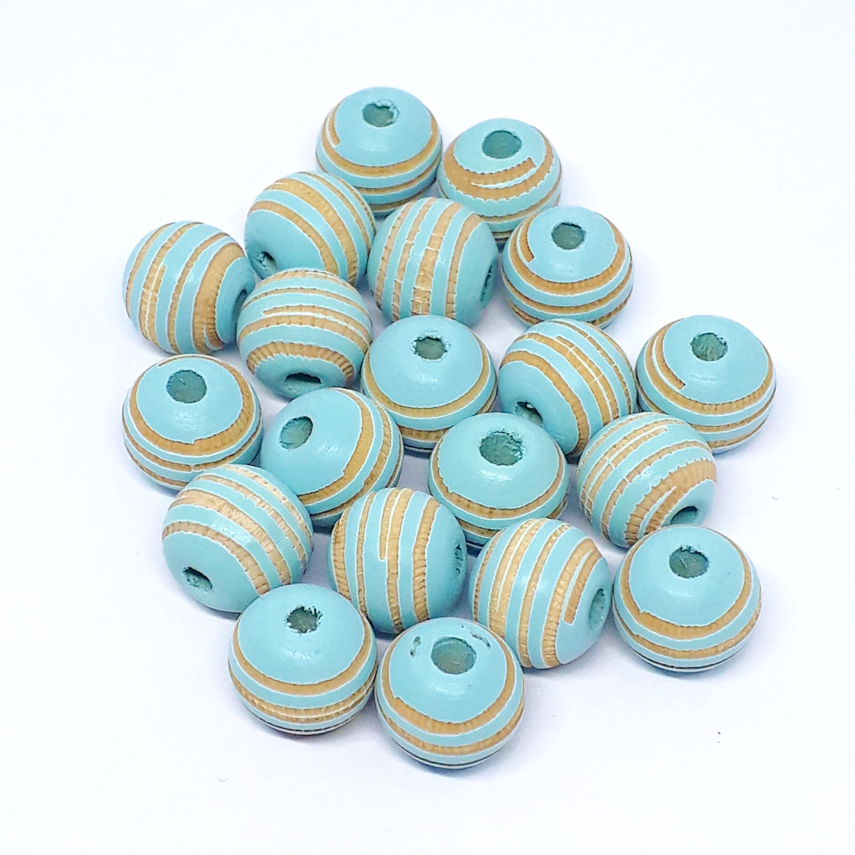 Turquoise Striped Carved Wood Round 10x9mm - 5pcs