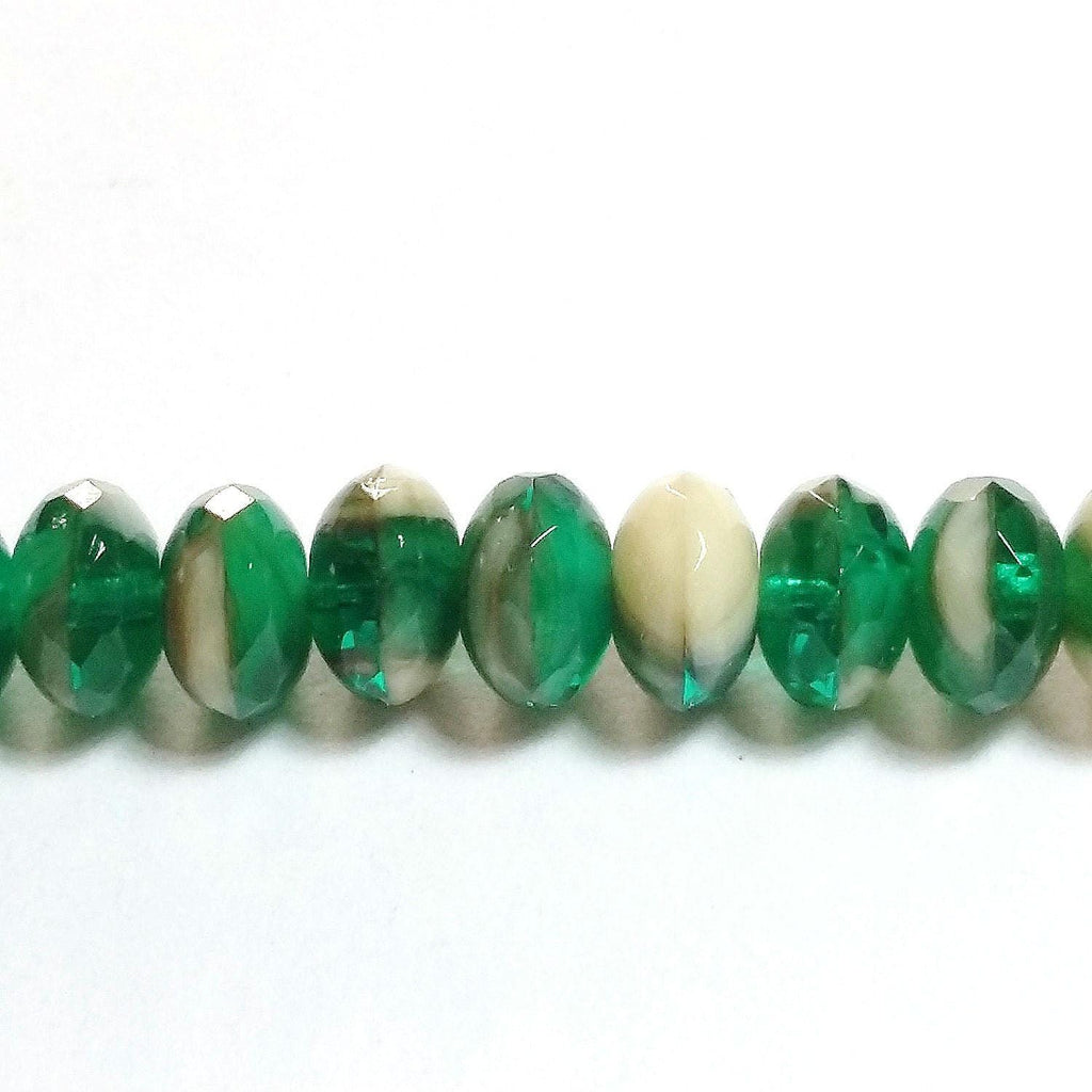 Beige & Green Czech Glass Rondelle 7x4mm - 20pcs