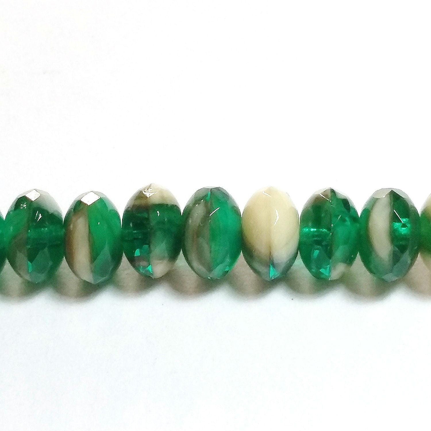 Beige & Green Czech Glass Rondelle 7x4mm - 20pcs