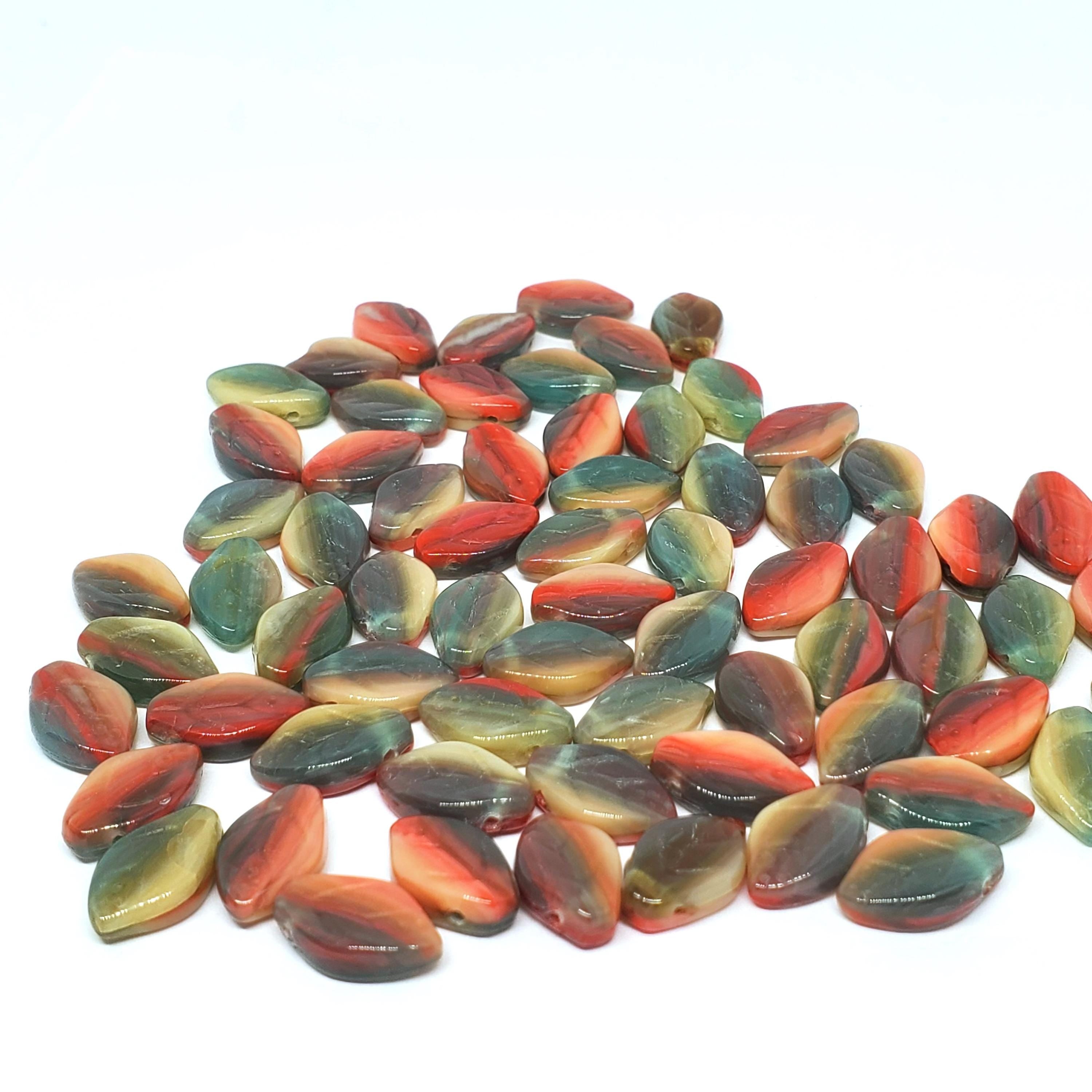 Green, Red & Beige Czech Glass Leaf 12x7mm - 20pcs