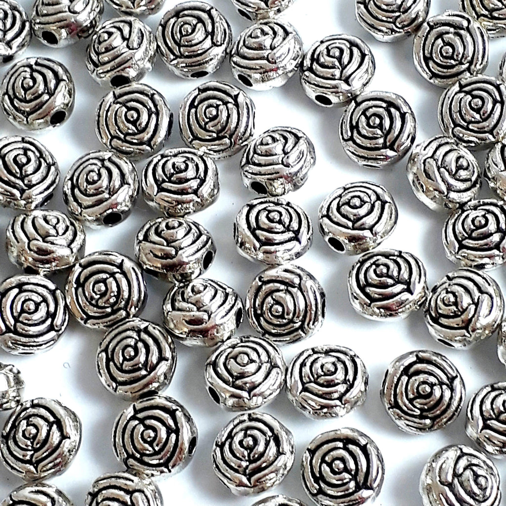 Round Rose Flower Antique Silver 7mm - 20pcs