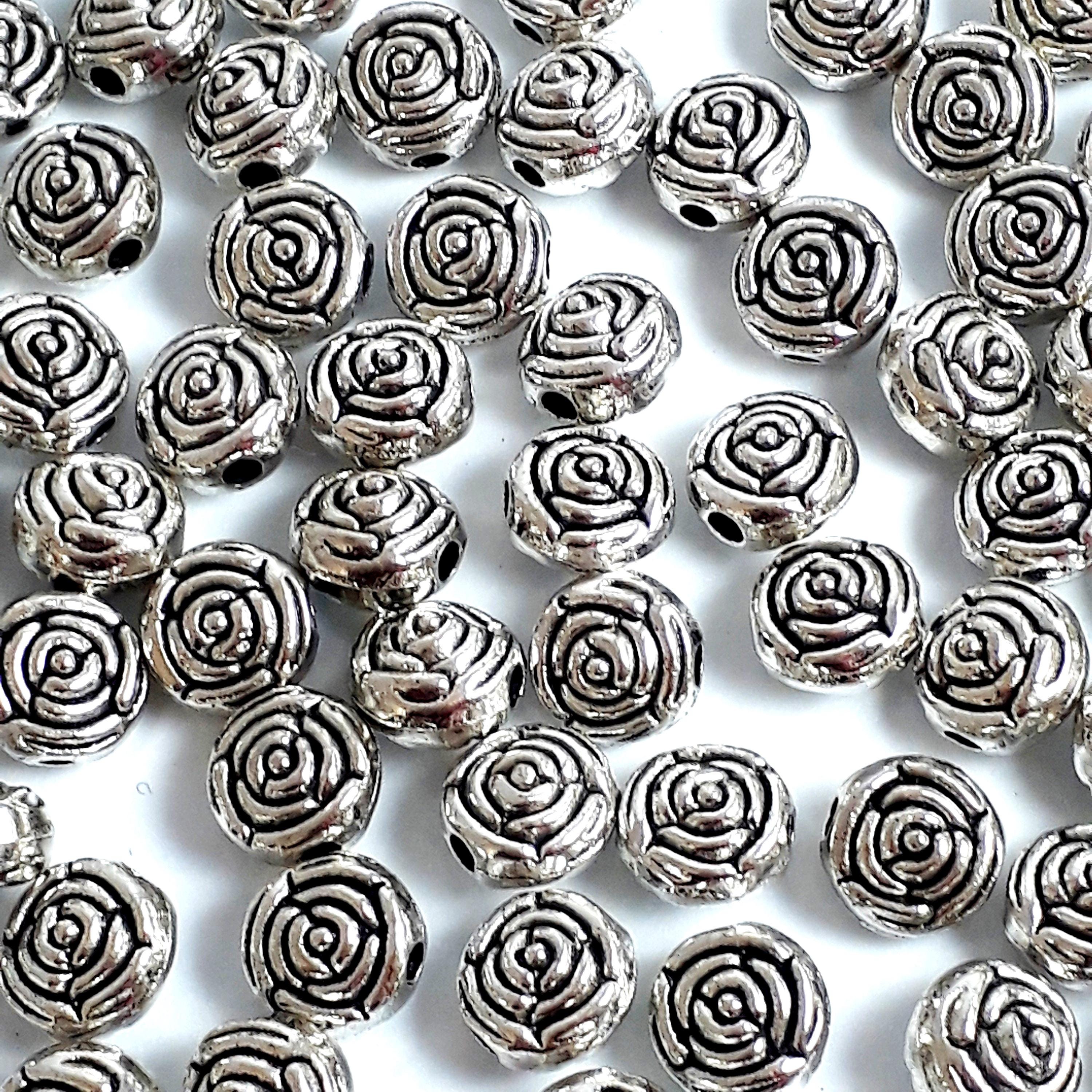 Round Rose Flower Antique Silver 7mm - 20pcs