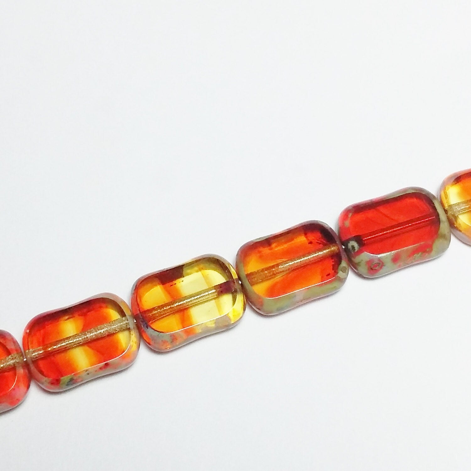 Orange & Yellow Czech Glass Rectangle 12x9mm - 6pcs