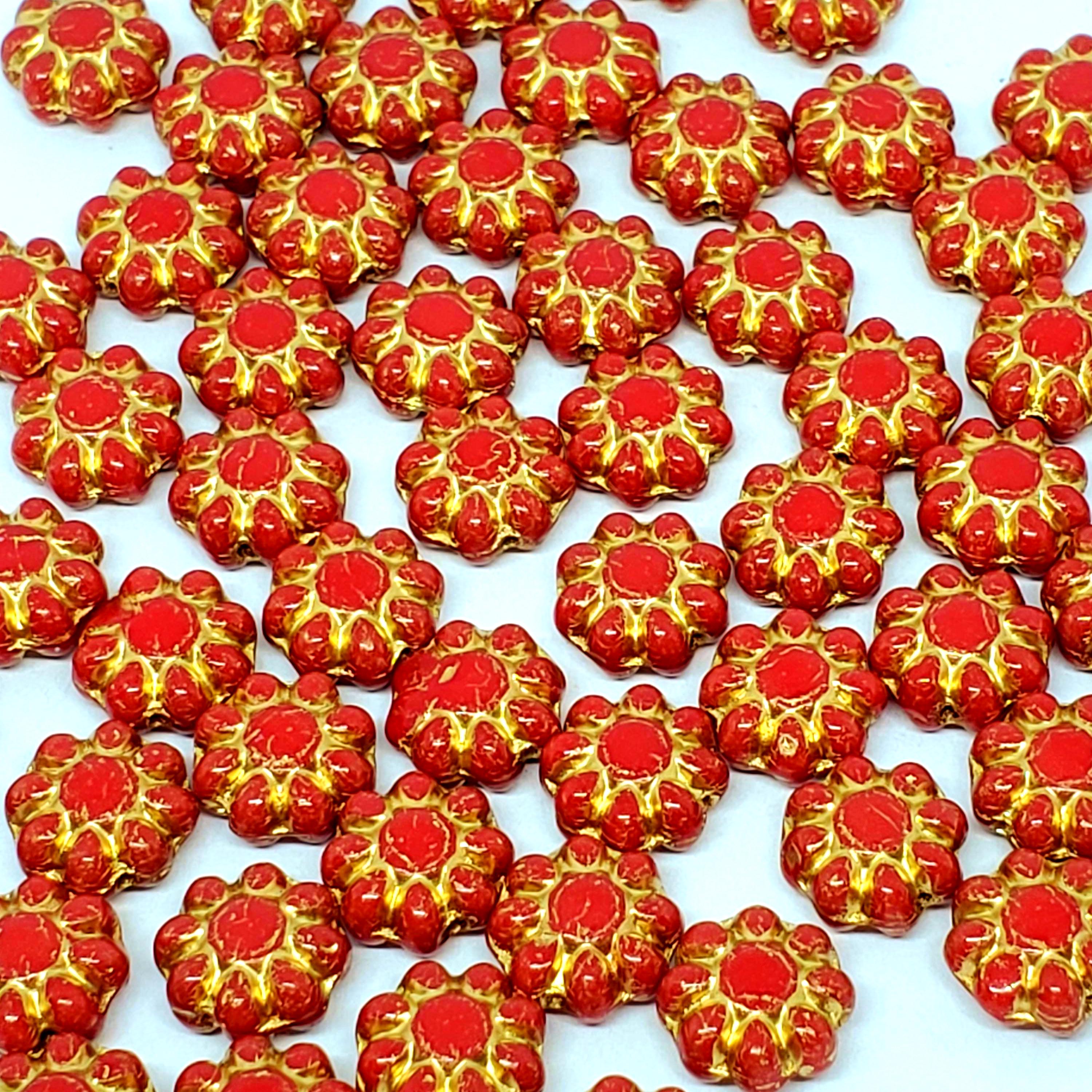 Red/Gold-Lined Czech Glass Hawaiian Flower 9mm - 10pcs