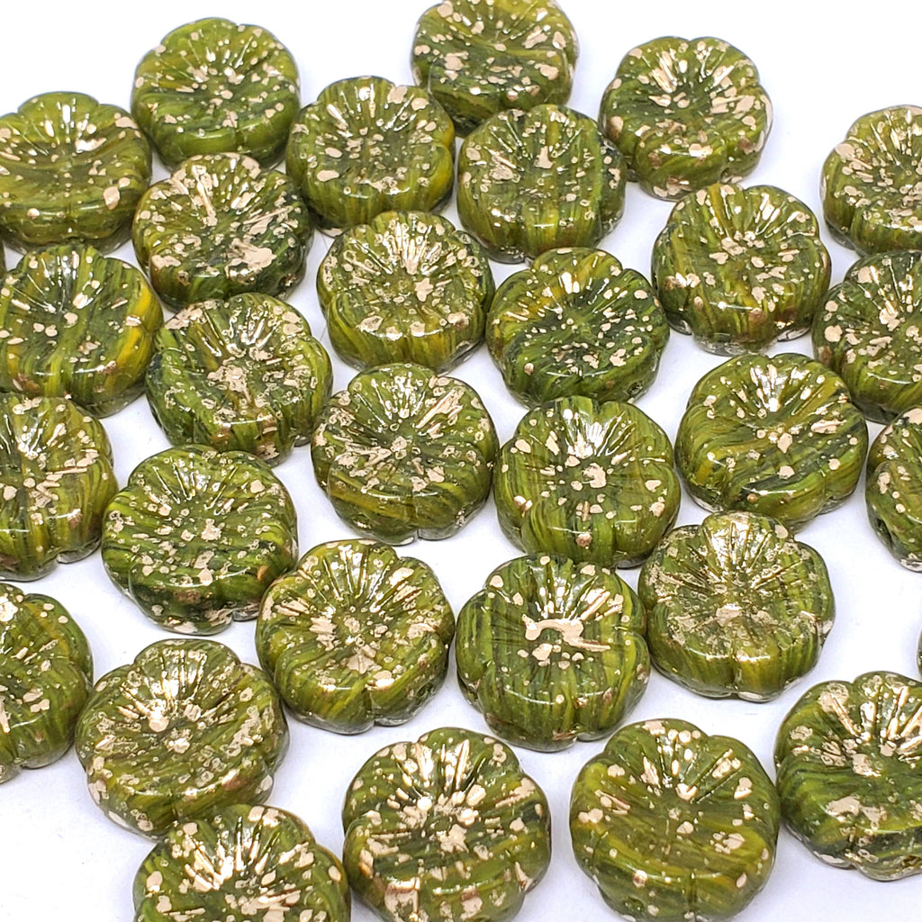 Striped Green & Gold Leaf Hawaiian Flower Czech Glass 14mm - 6pcs