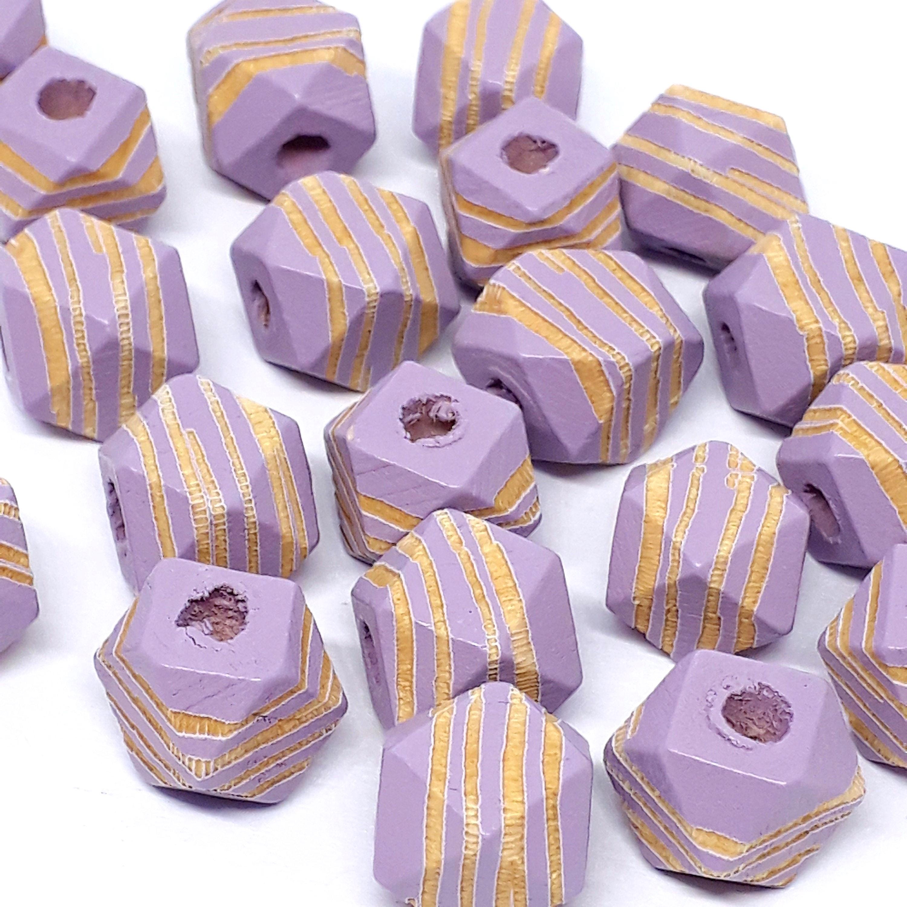 Purple Striped Carved Wood Polygon 10x10mm - 5pcs