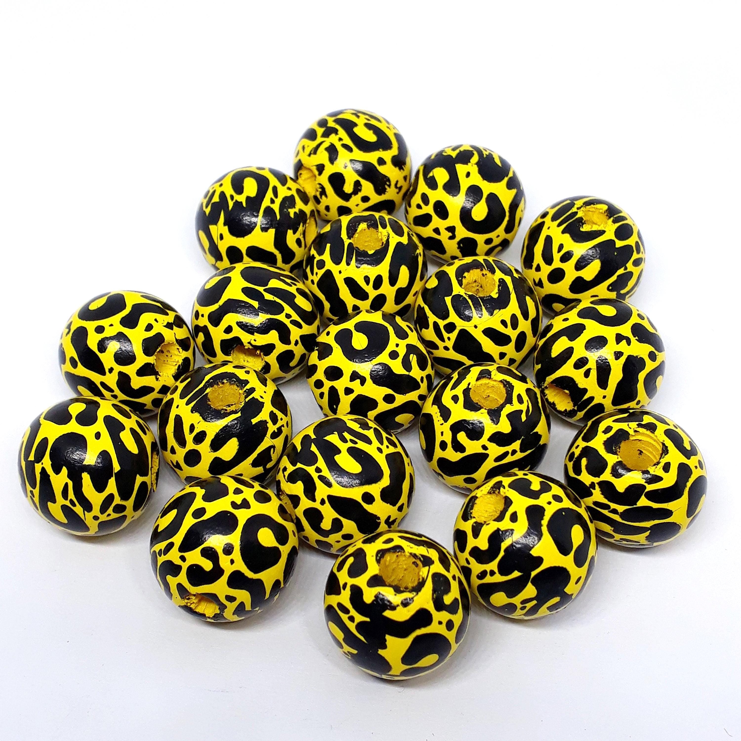 Yellow & Black Leopard Print Wood 16x15mm - 5pcs