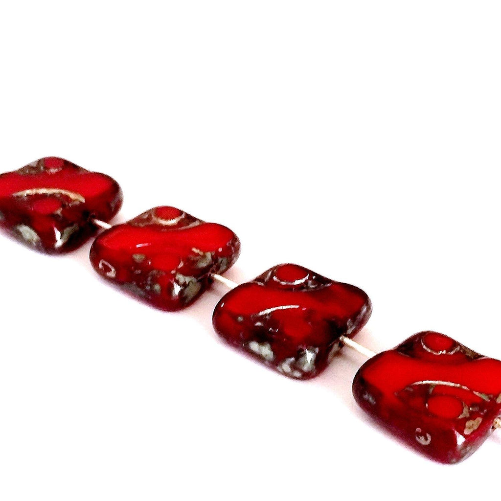 Red Picasso Table Cut Czech Glass Square 10mm - 6pcs