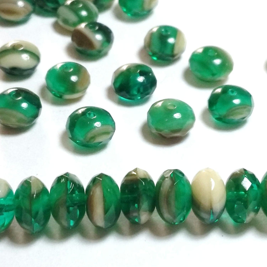 Beige & Green Czech Glass Rondelle 7x4mm - 20pcs