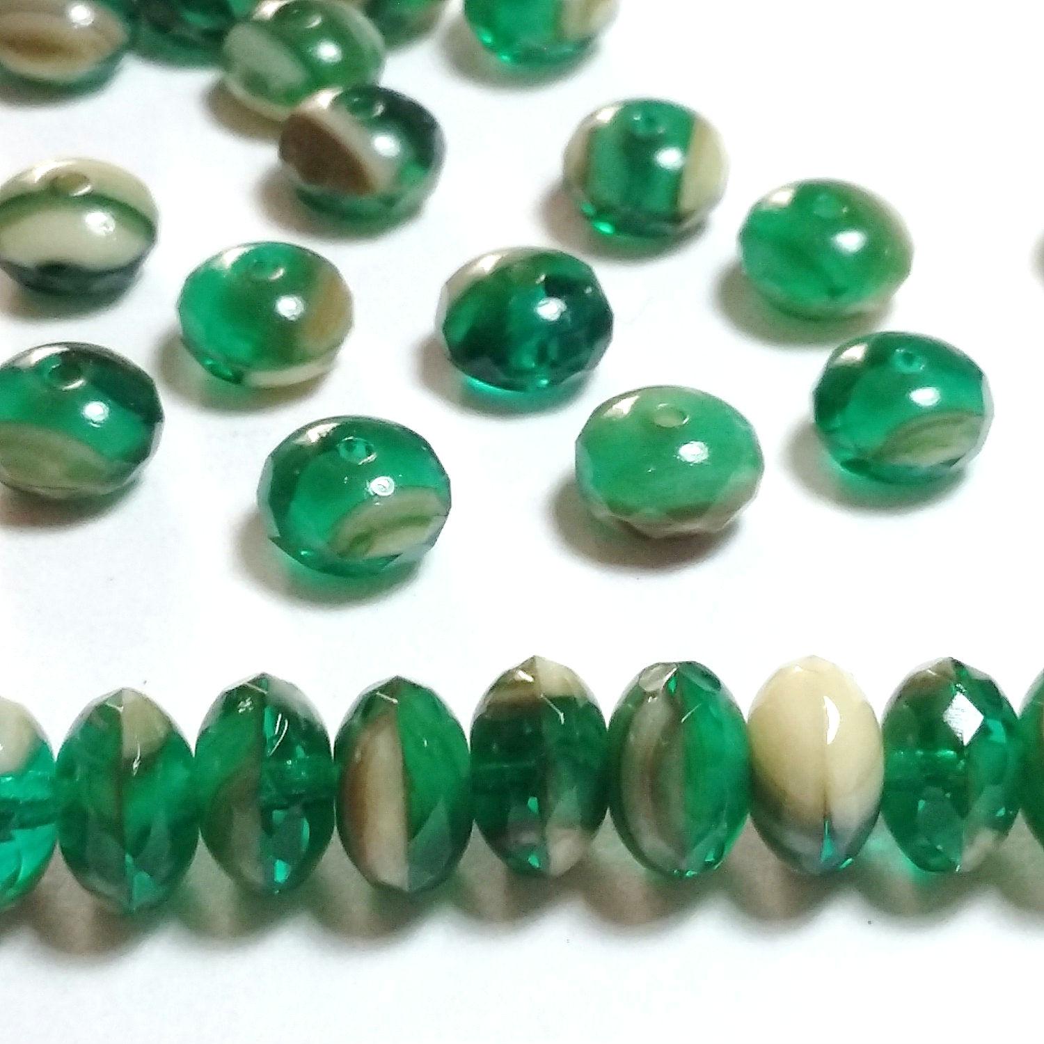 Beige & Green Czech Glass Rondelle 7x4mm - 20pcs