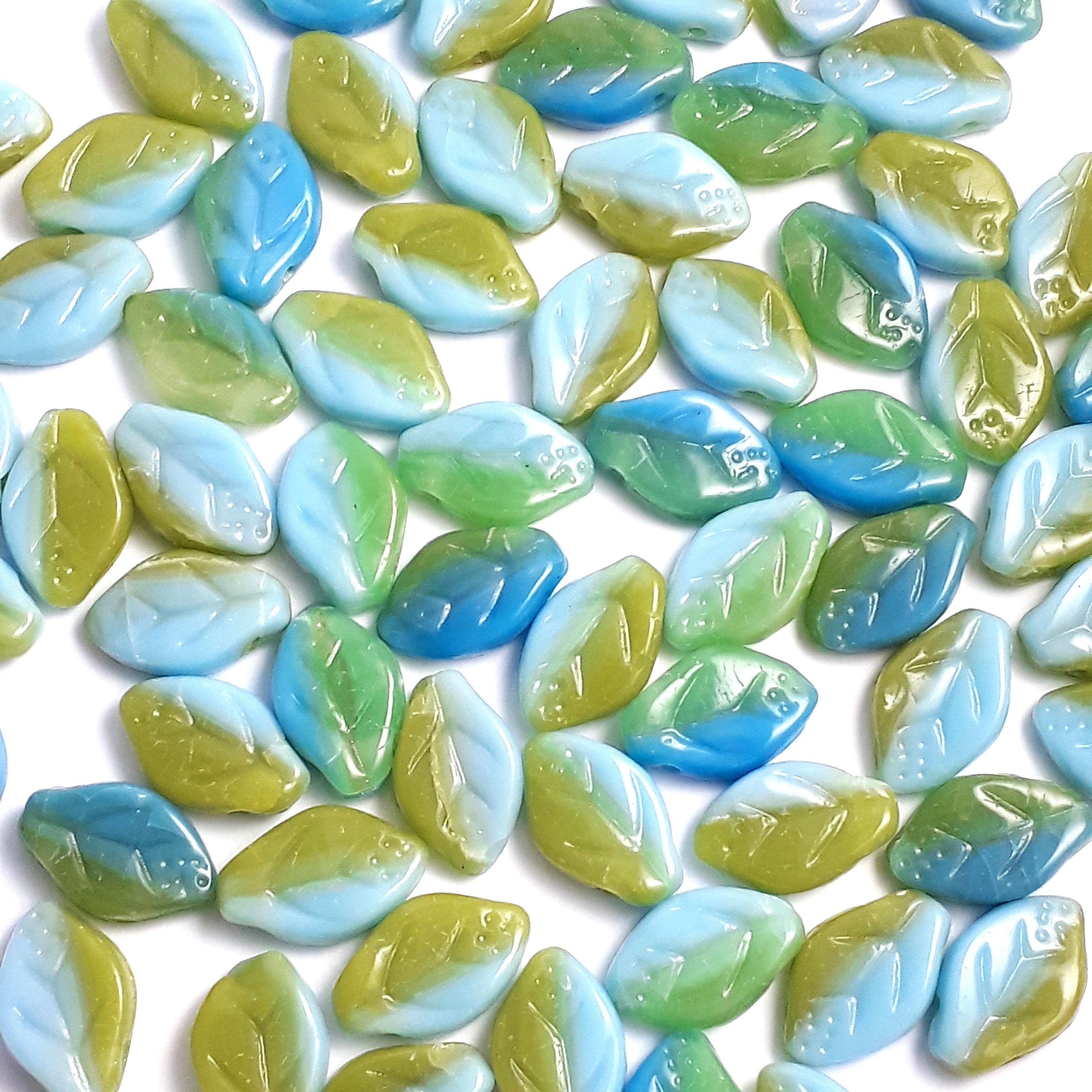 Blue & Green Czech Glass Leaf 12x7mm - 20pcs