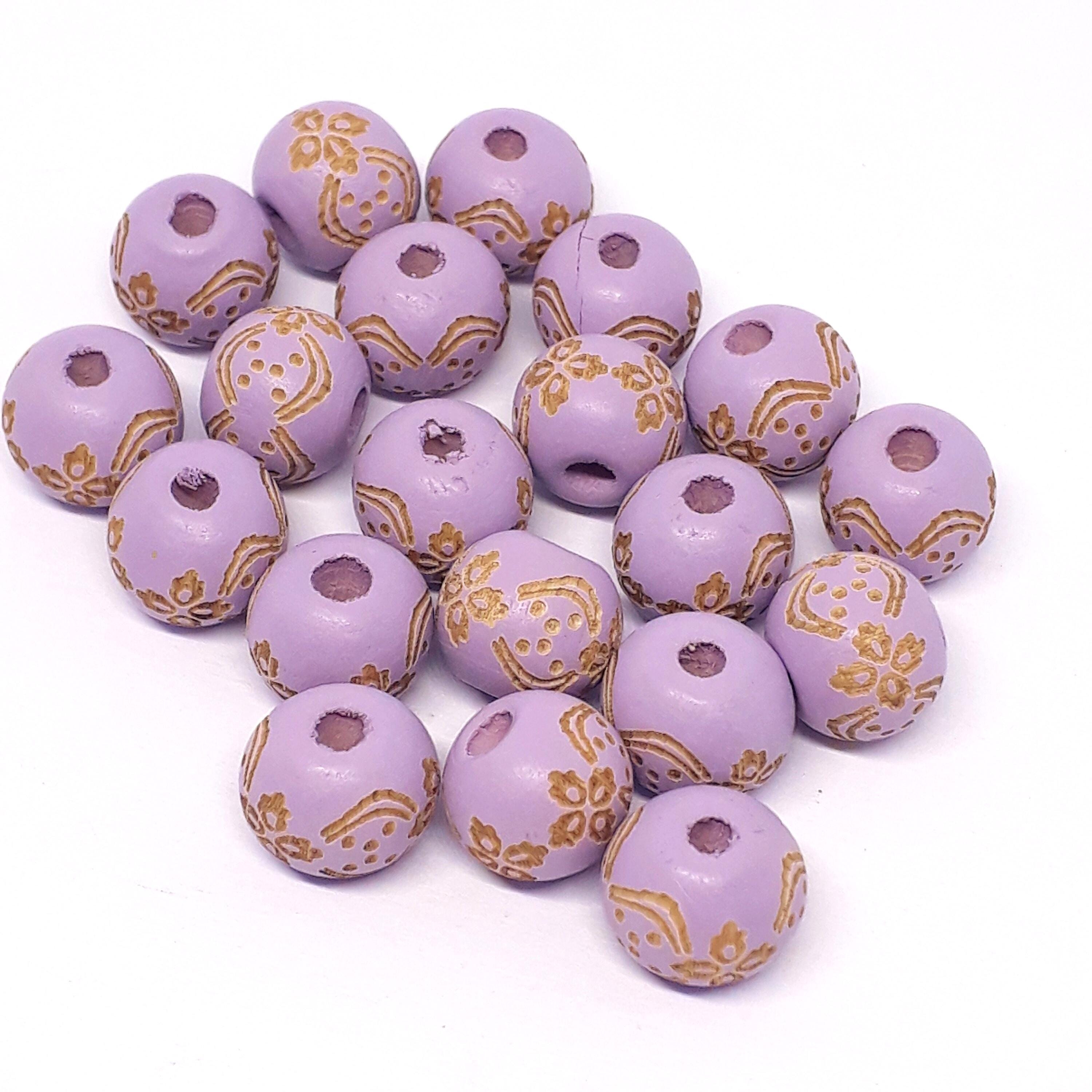 Purple Carved Floral Wooden Round 10x9mm - 5pcs