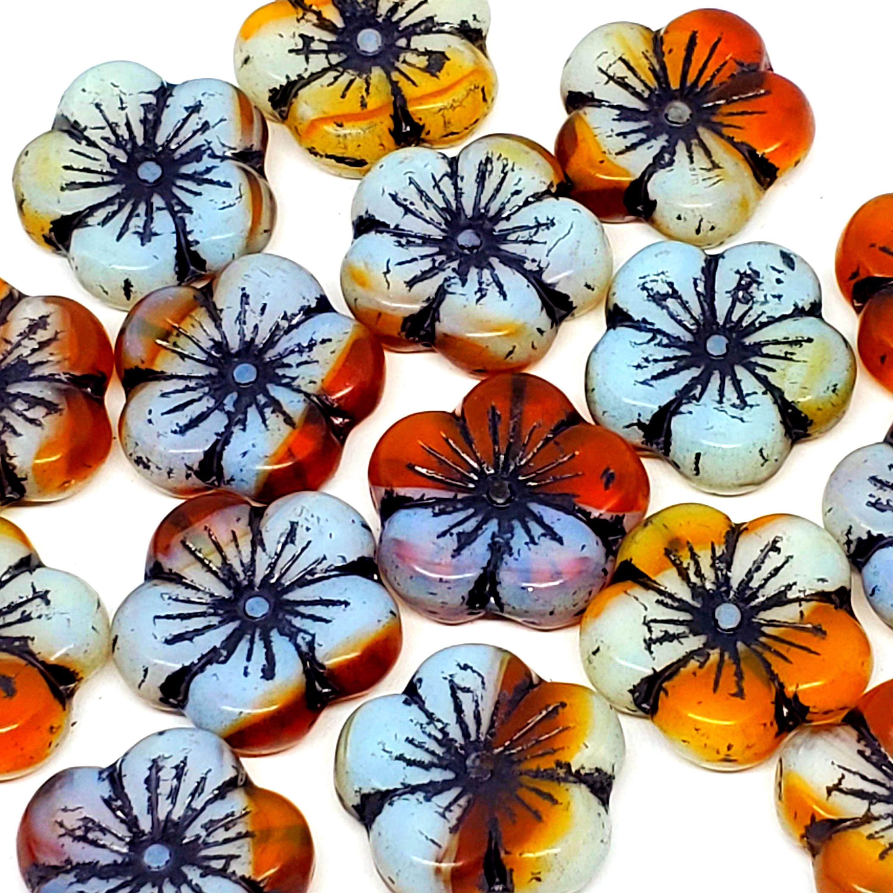 Big Hawaiian Flower Czech Glass Light Blue/Brown 22mm - 6pcs