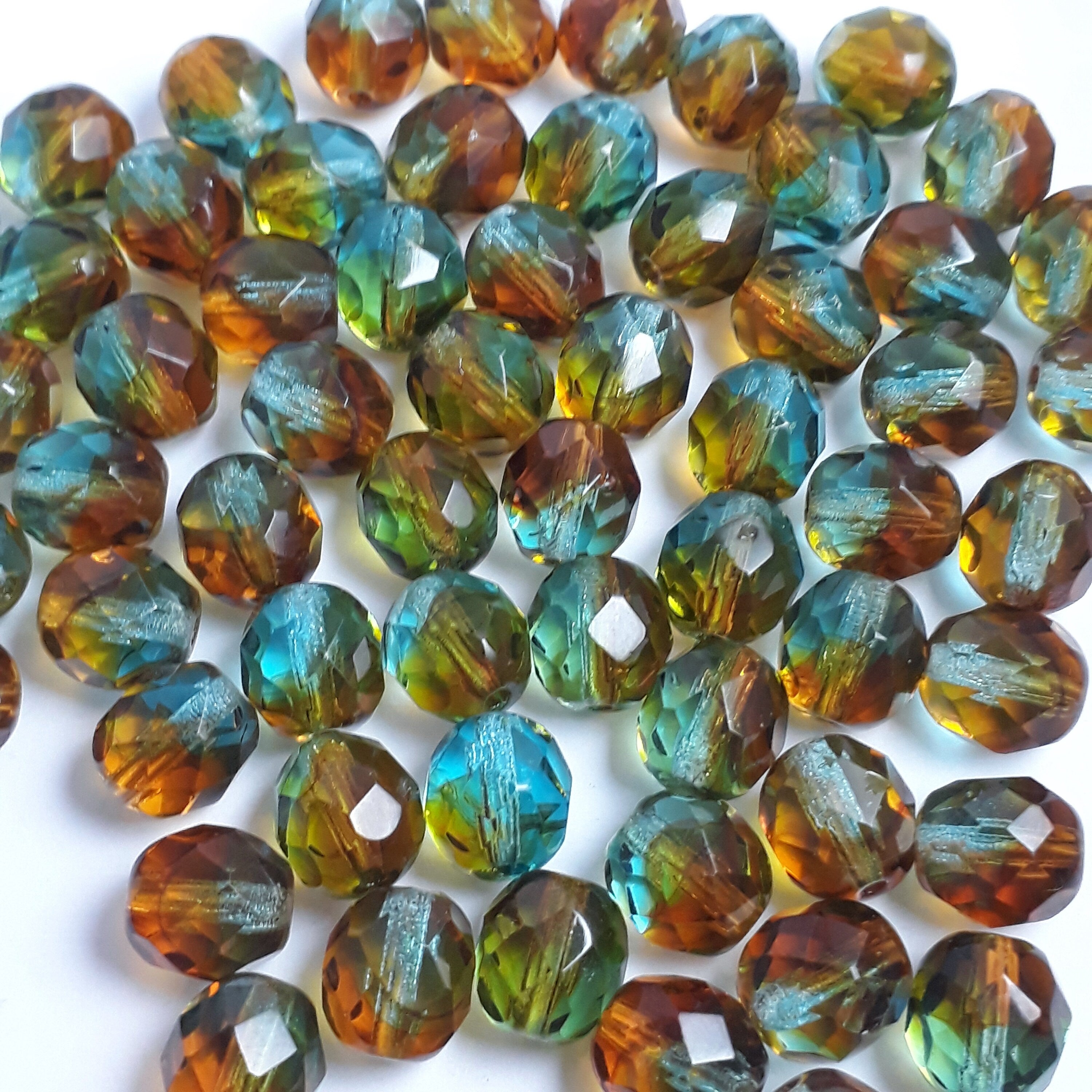 Green, Blue & Brown Faceted Czech Glass 8mm - 10pcs